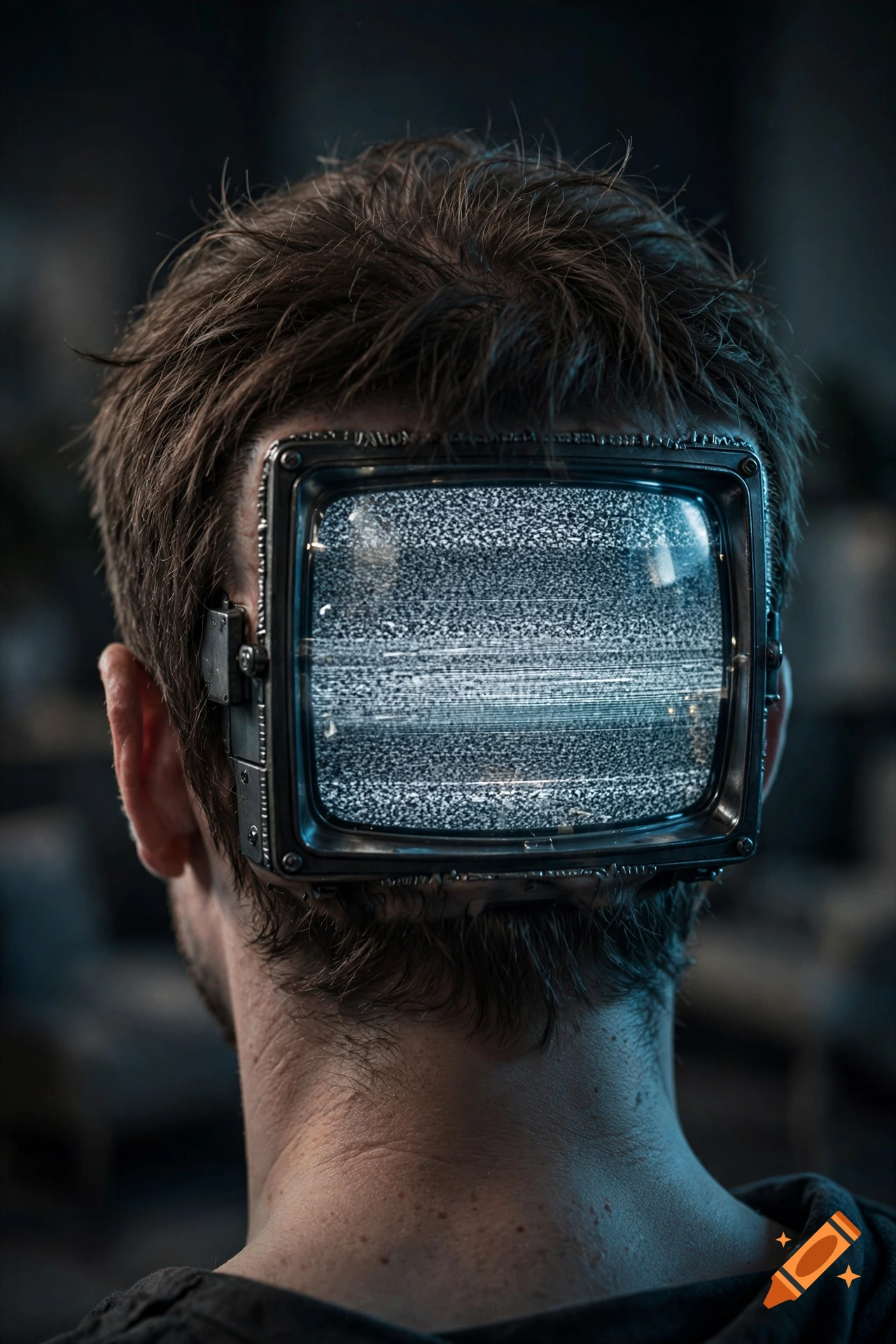 Photorealistic close-up of a person's head from behind, with a vintage television screen embedded in the back displaying static.