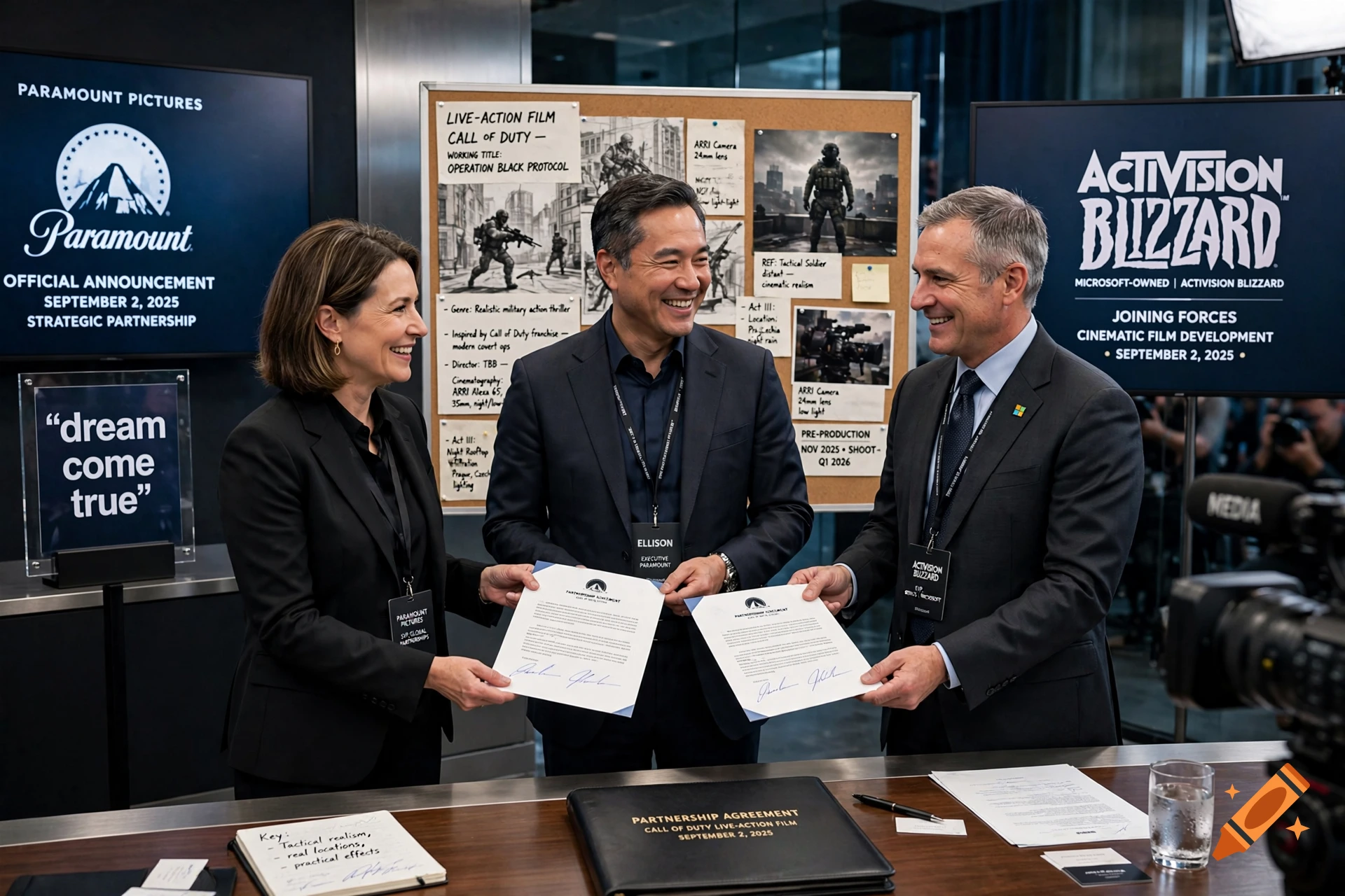Photorealistic image of executives holding a partnership agreement document in a modern office.