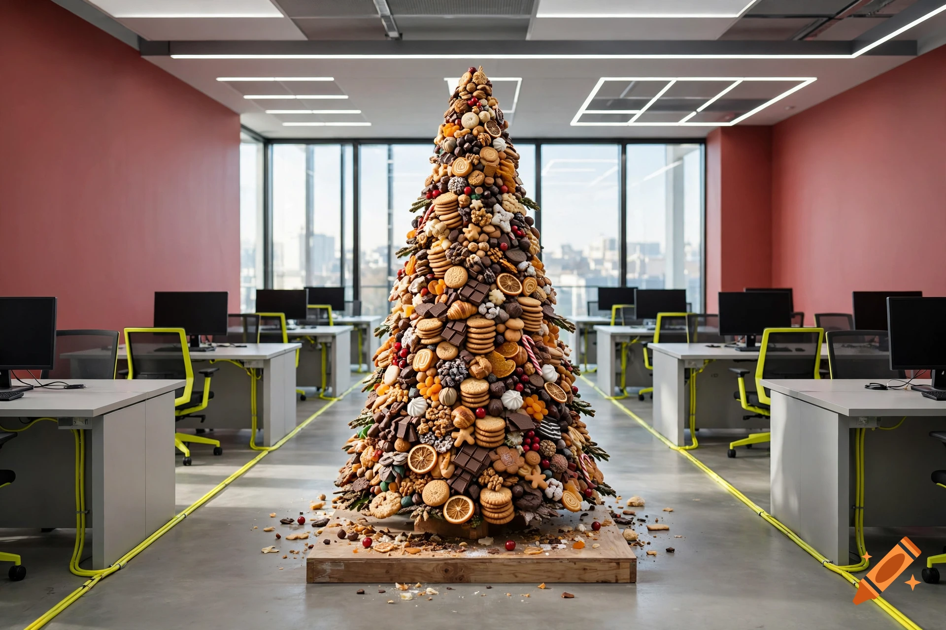 An open-plan office with a large edible Christmas tree made of sweets and food standing in the center.