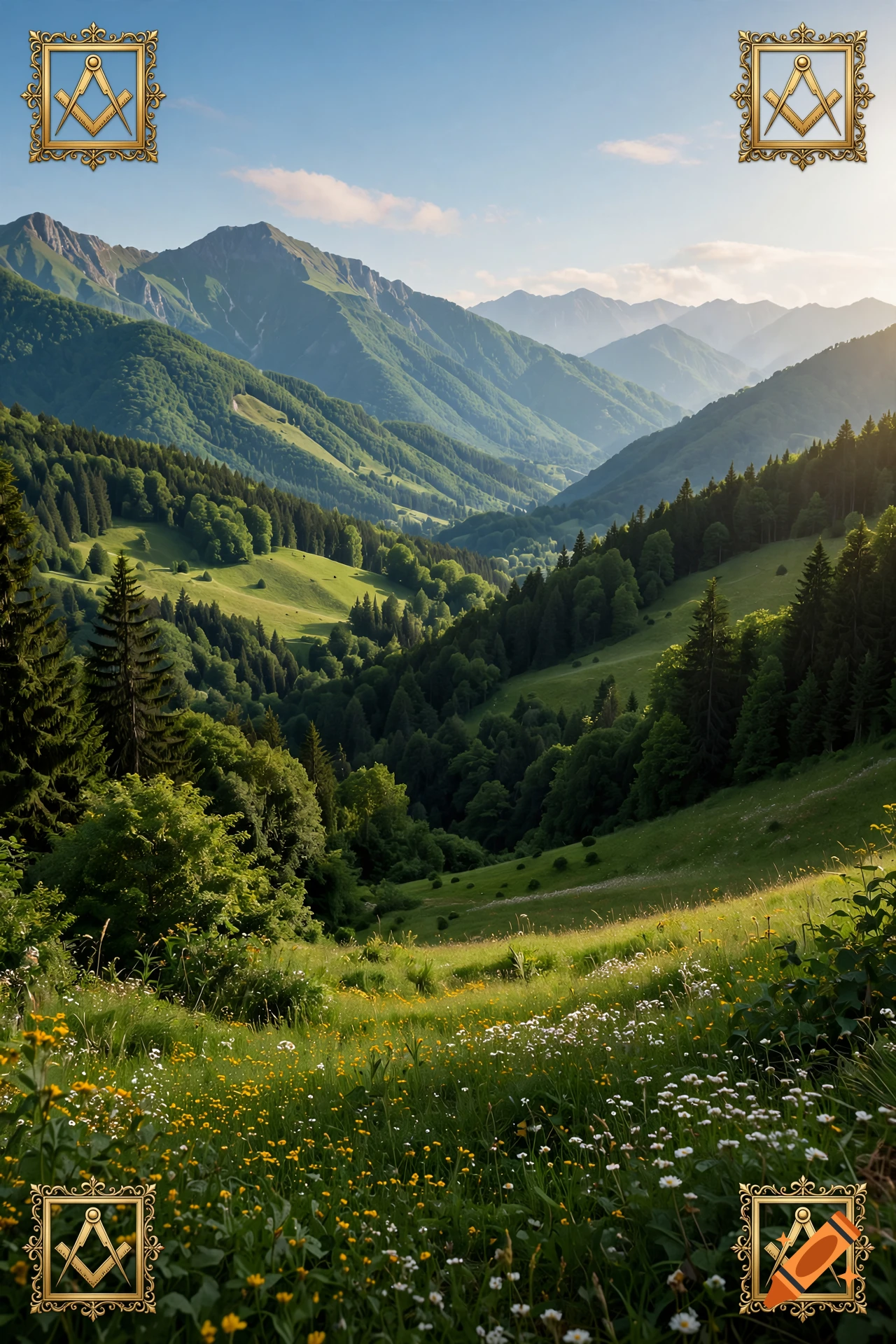 Photorealistic landscape of green mountain valleys and forests under a sunny sky, framed with golden masonic symbols.