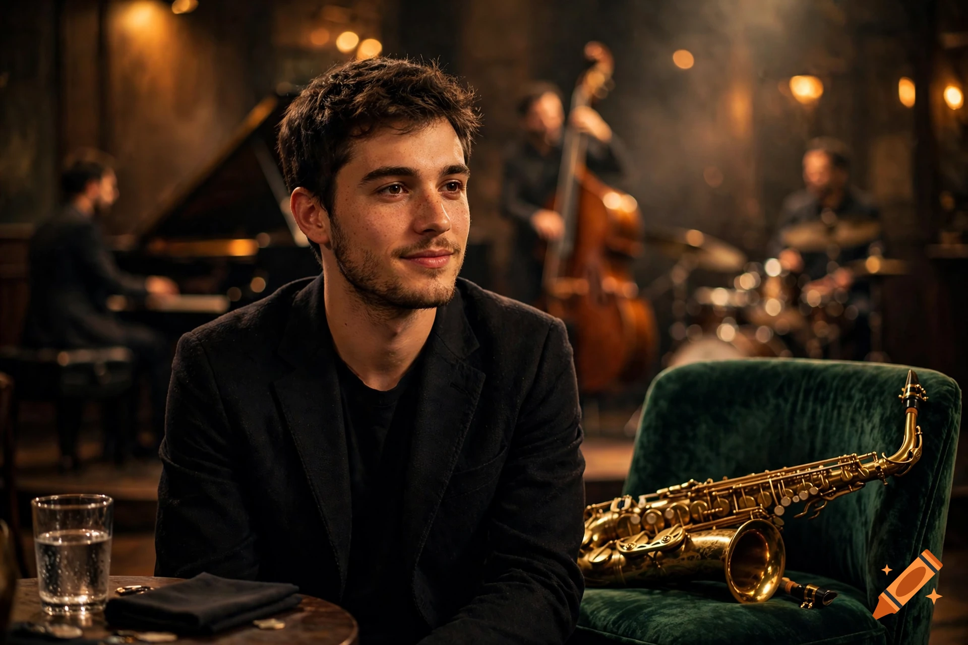 Photorealistic portrait of a young man smiling in a dimly lit jazz club, with a saxophone on a chair and a band performing in the background.