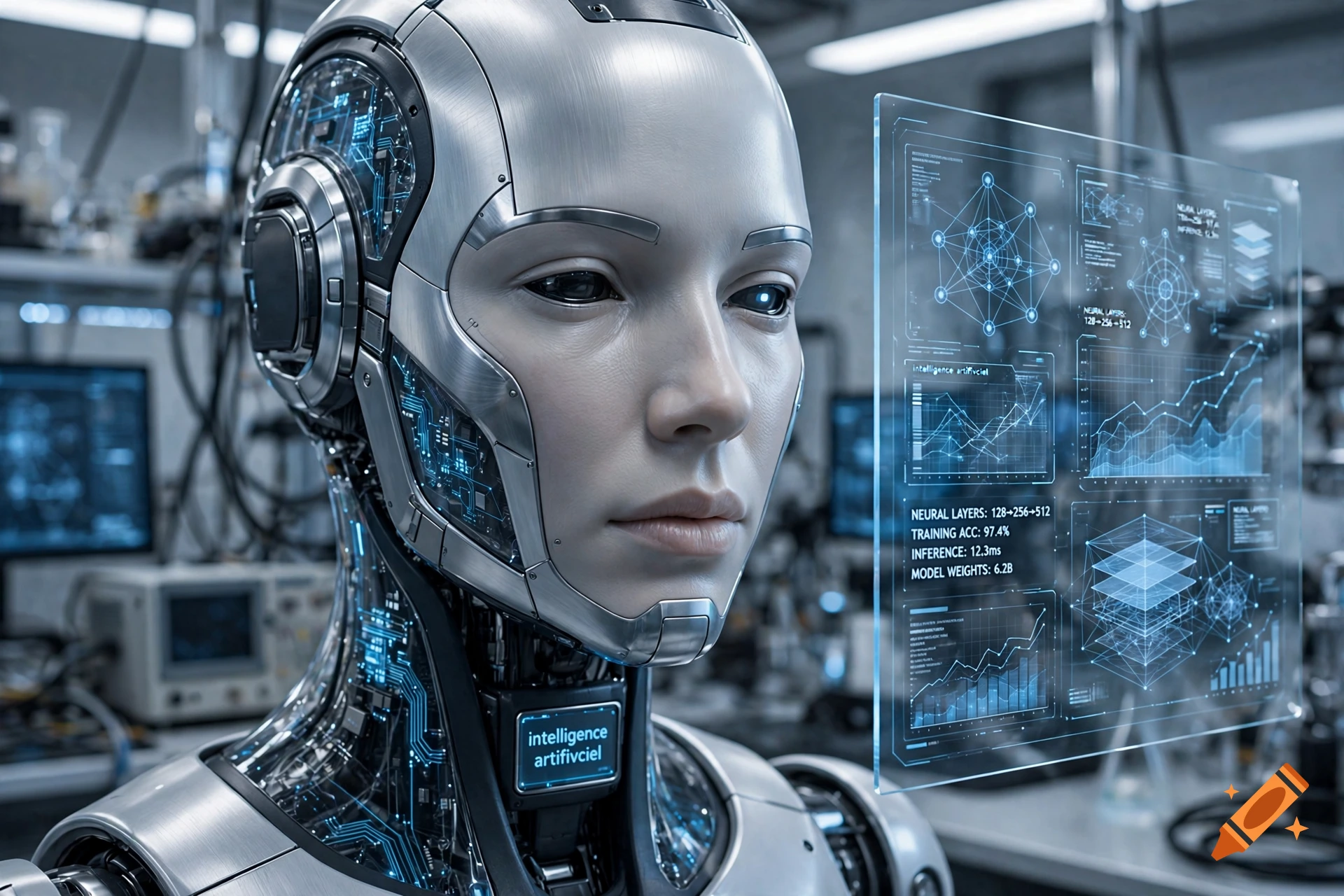 Close-up photorealistic shot of a humanoid silver robot with glowing blue circuits and a transparent holographic display showing data graphs.