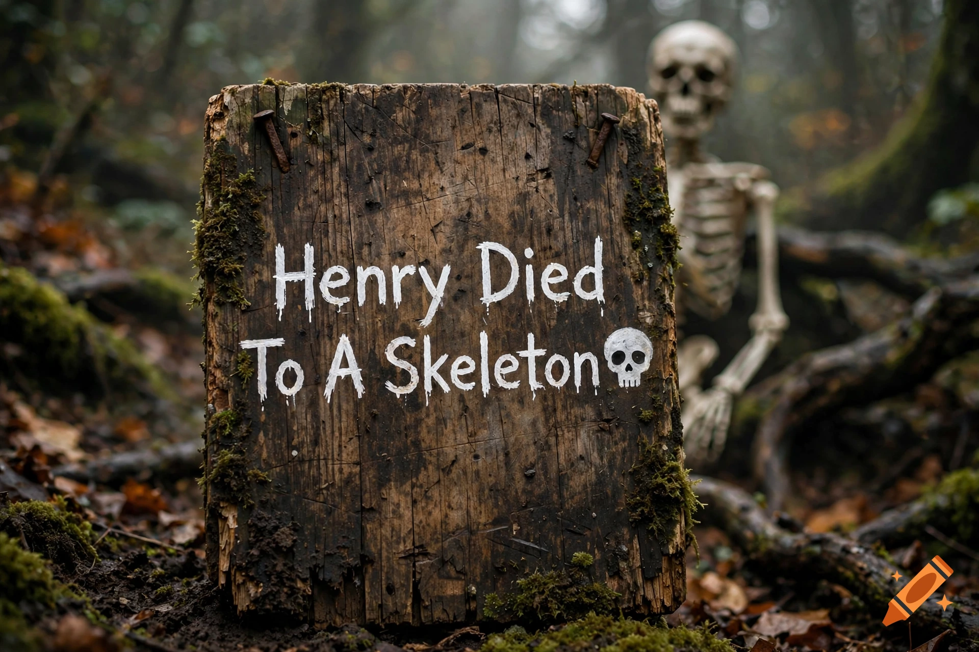 Photorealistic image of a wooden sign in a dark forest that reads Henry Died To A Skeleton with a skull graphic, with a skeleton blurred in the background.