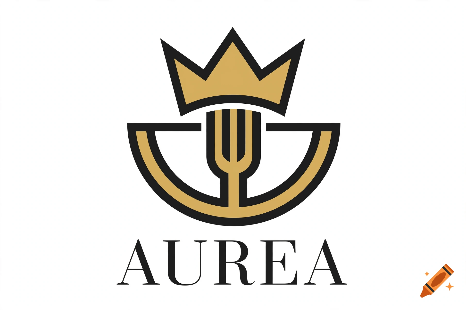 Minimalist vector logo for a restaurant featuring a crown, fork, and plate, with the text AUREA underneath.