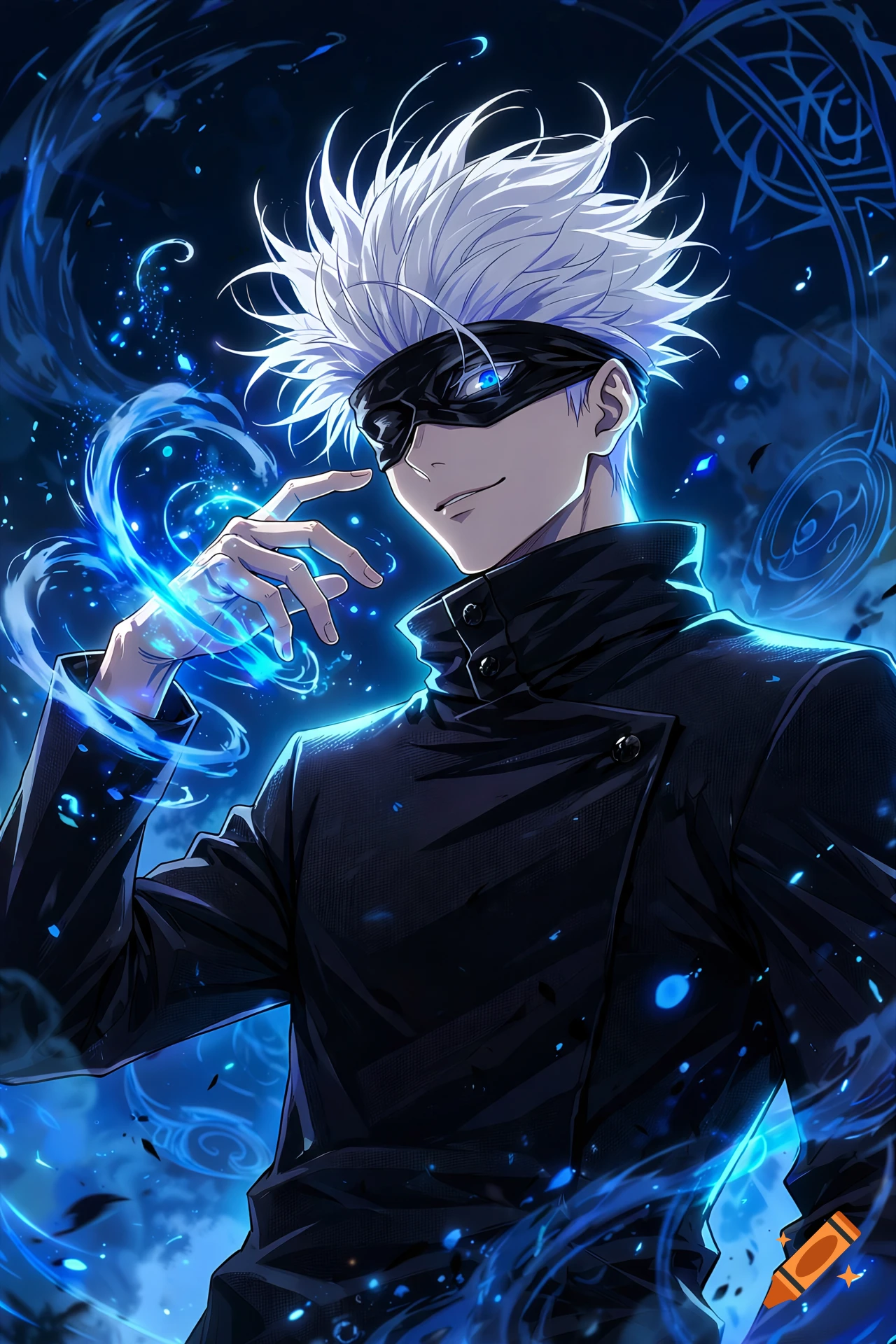 Anime illustration of a white-haired male character with a blindfold over his eyes, wearing a dark uniform, surrounded by glowing blue energy.