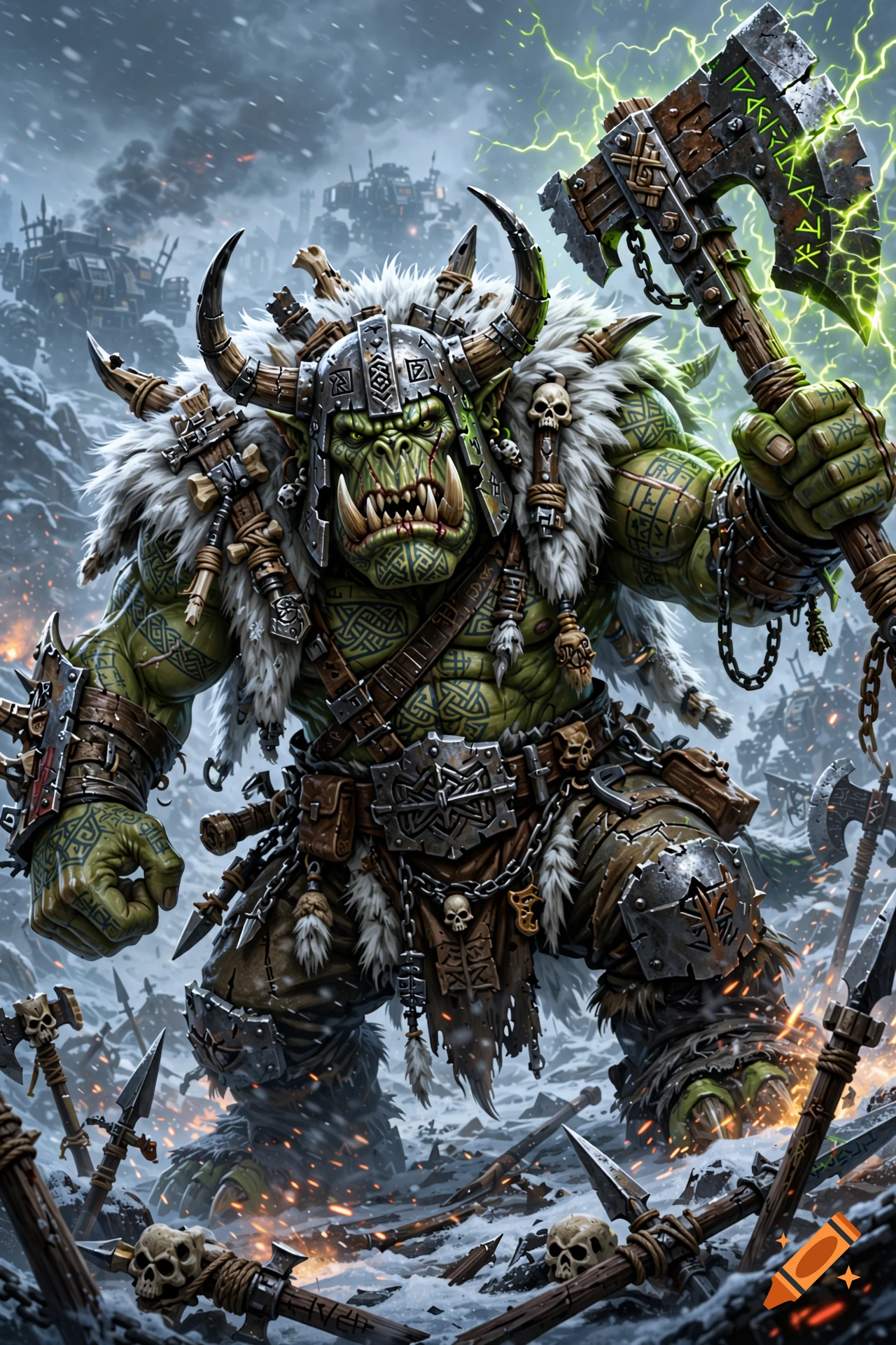 Digital illustration of a large green ork beast snagga in a horned helmet and white wolf pelts holding a glowing power axe in the snow.