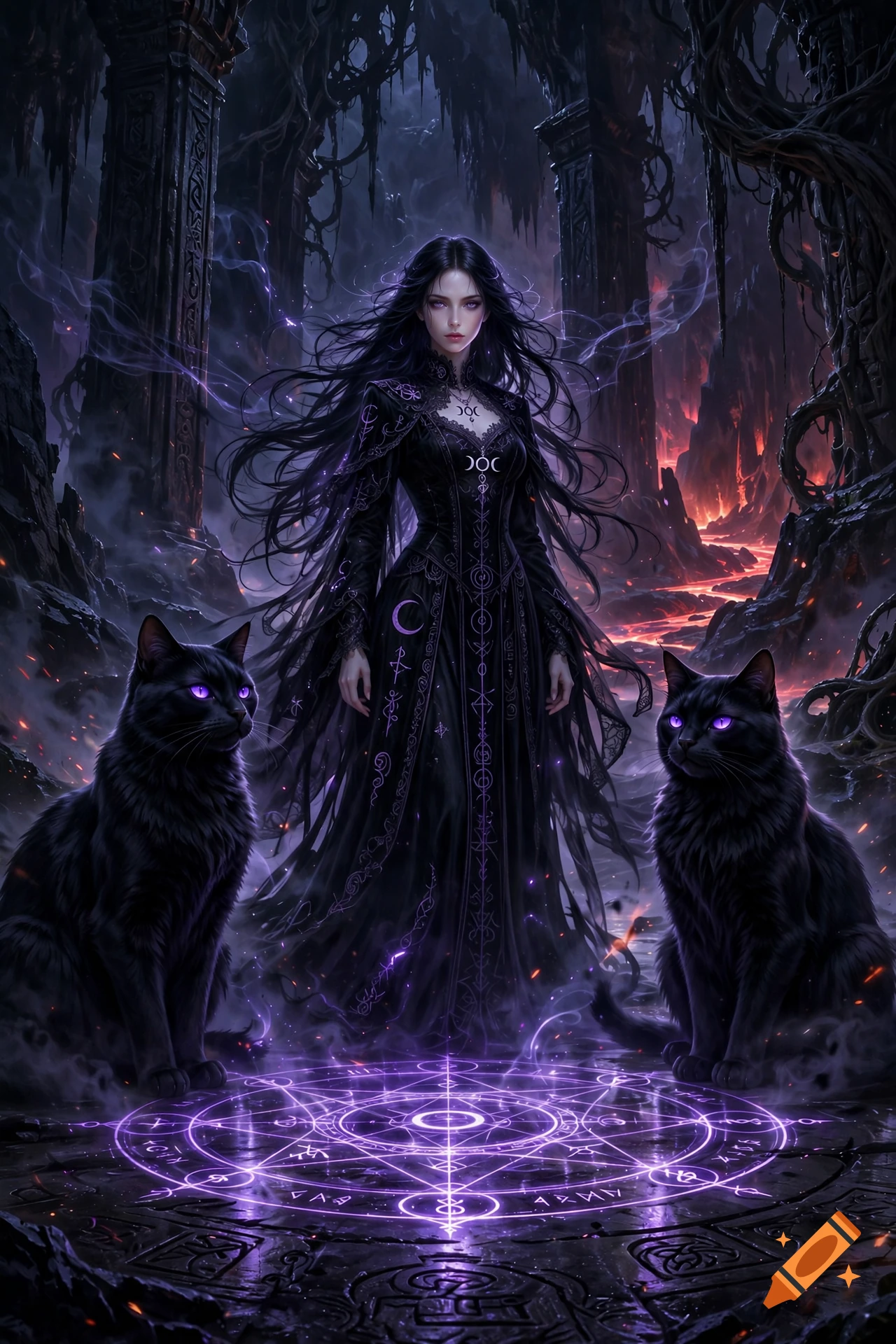 Digital painting of a dark-haired sorceress in a black dress standing in an underground cavern with two black cats having violet eyes beside a glowing magical circle.