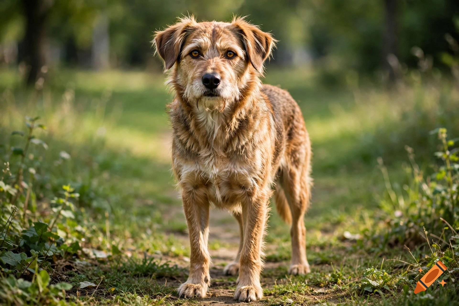 Photorealistic image of a medium-sized, brown scruffy dog standing on a dirt path in a park.
