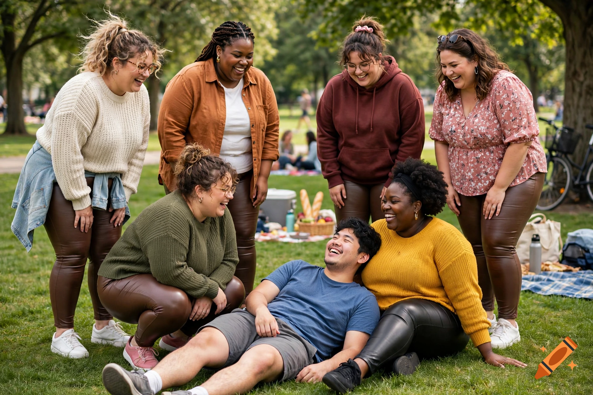 A diverse group of smiling friends enjoying a sunny day together on a grassy park lawn, with one man lying back laughing.