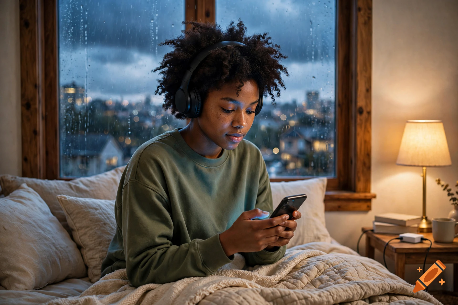 Photorealistic portrait of a young Black woman with an afro wearing headphones while looking at her phone on a bed during a rainy evening.