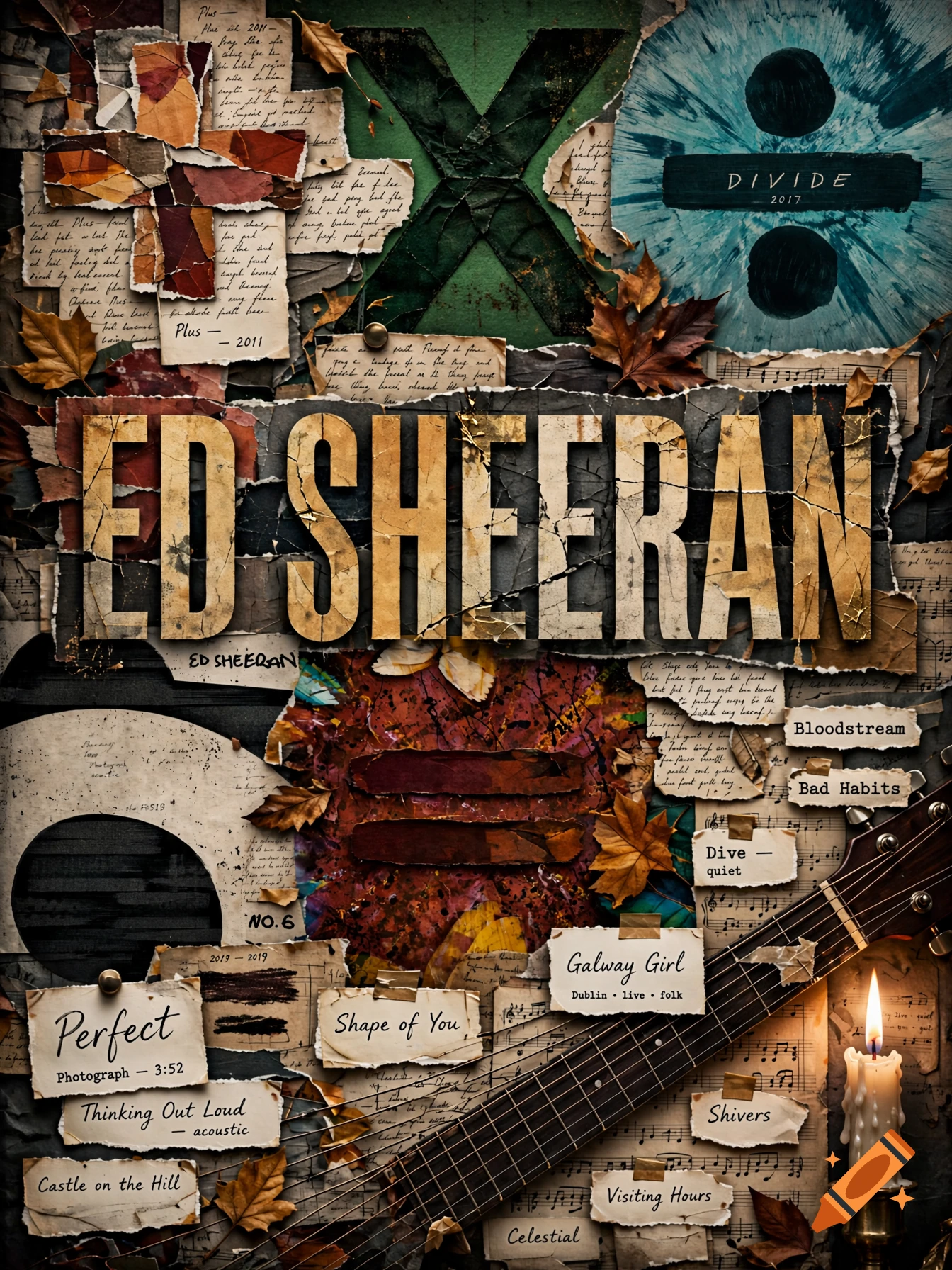 An aesthetic music collage for Ed Sheeran featuring album art, handwritten song titles, a guitar, and a candle in dark tones.