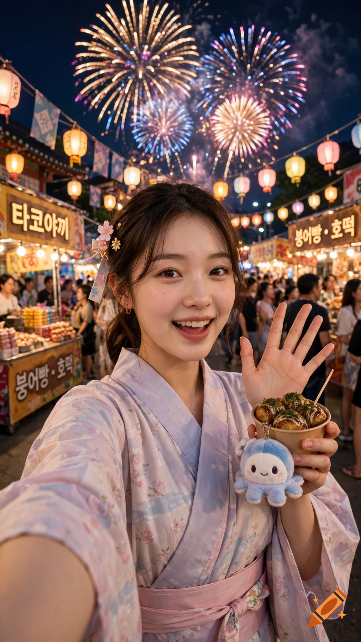 Photorealistic selfie of a young Korean woman in a pastel yukata holding takoyaki at a night festival with fireworks.