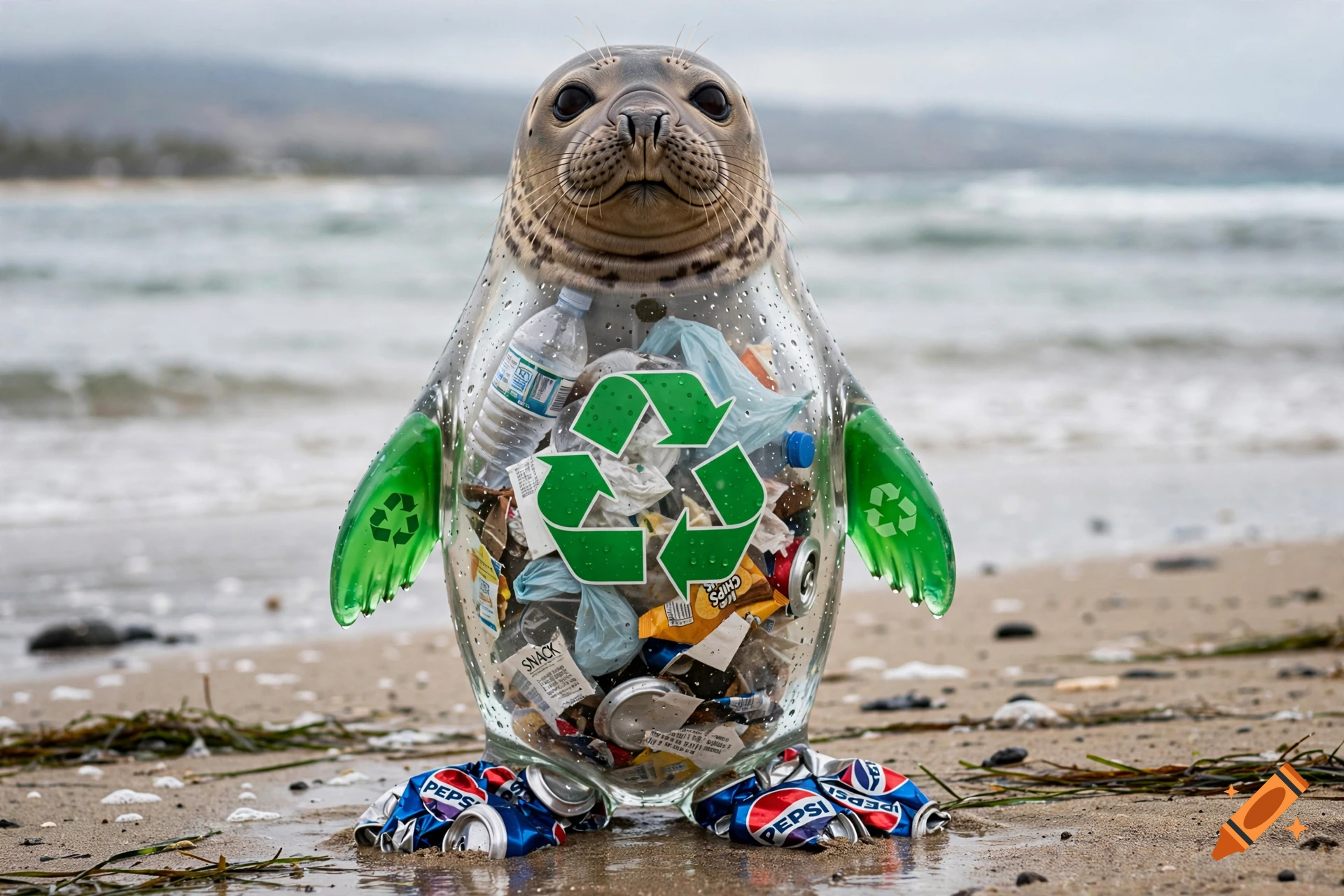 Photorealistic image of a seal with a clear body filled with plastic waste, standing on a beach with crushed Pepsi cans for feet.