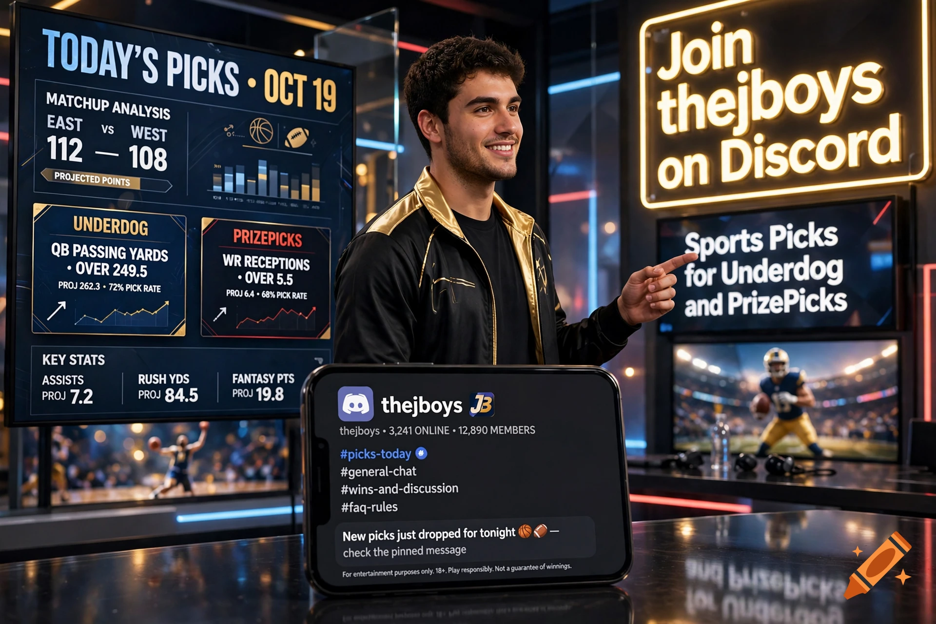 A man smiling next to a screen displaying sports picks and a Discord chat interface for thejboys.