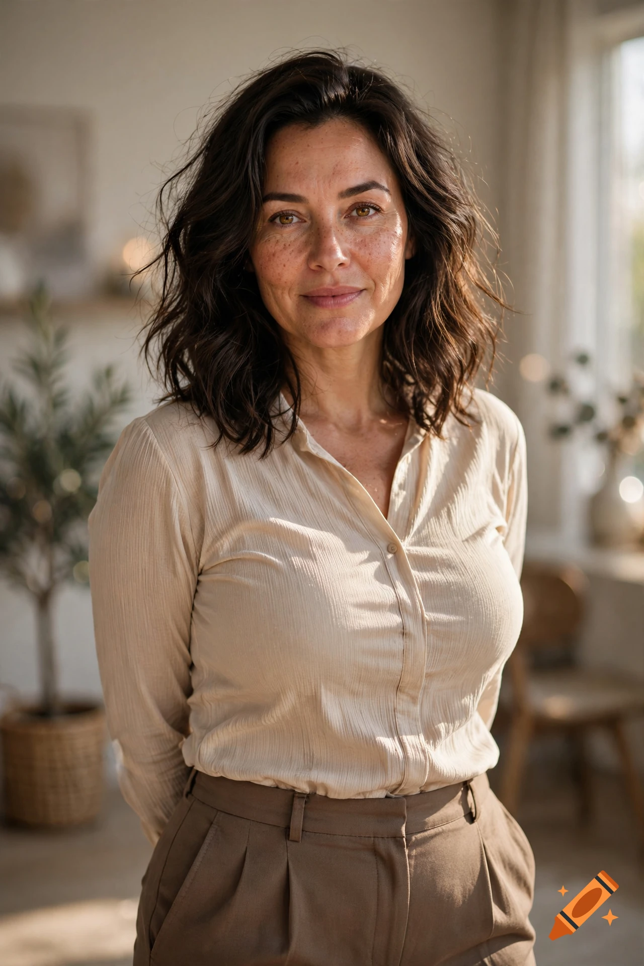 Photorealistic portrait of a smiling woman with dark wavy hair and freckles, wearing a beige button-down shirt and brown trousers.