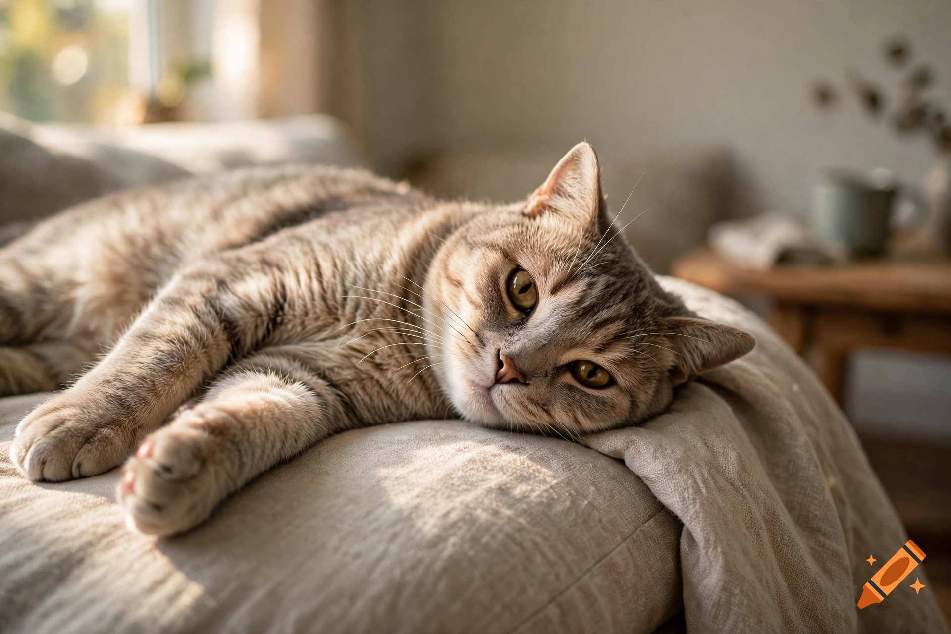 A tabby cat lies resting on a soft blanket in a sunlit room.