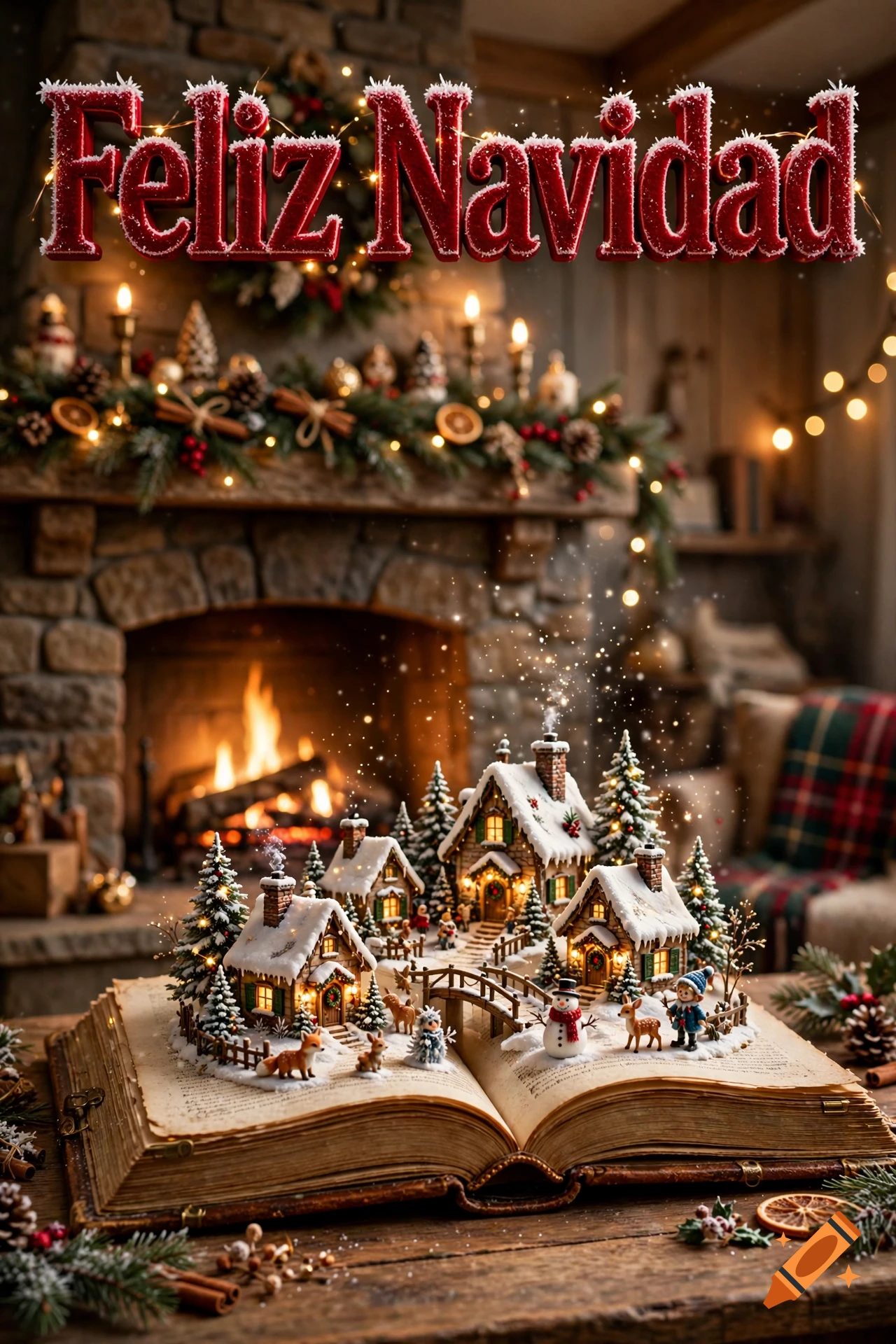 An open book on a table features a pop-up miniature snowy village with glowing houses, trees, and tiny figures, set against a fireplace mantel with the text 'Feliz Navidad'.