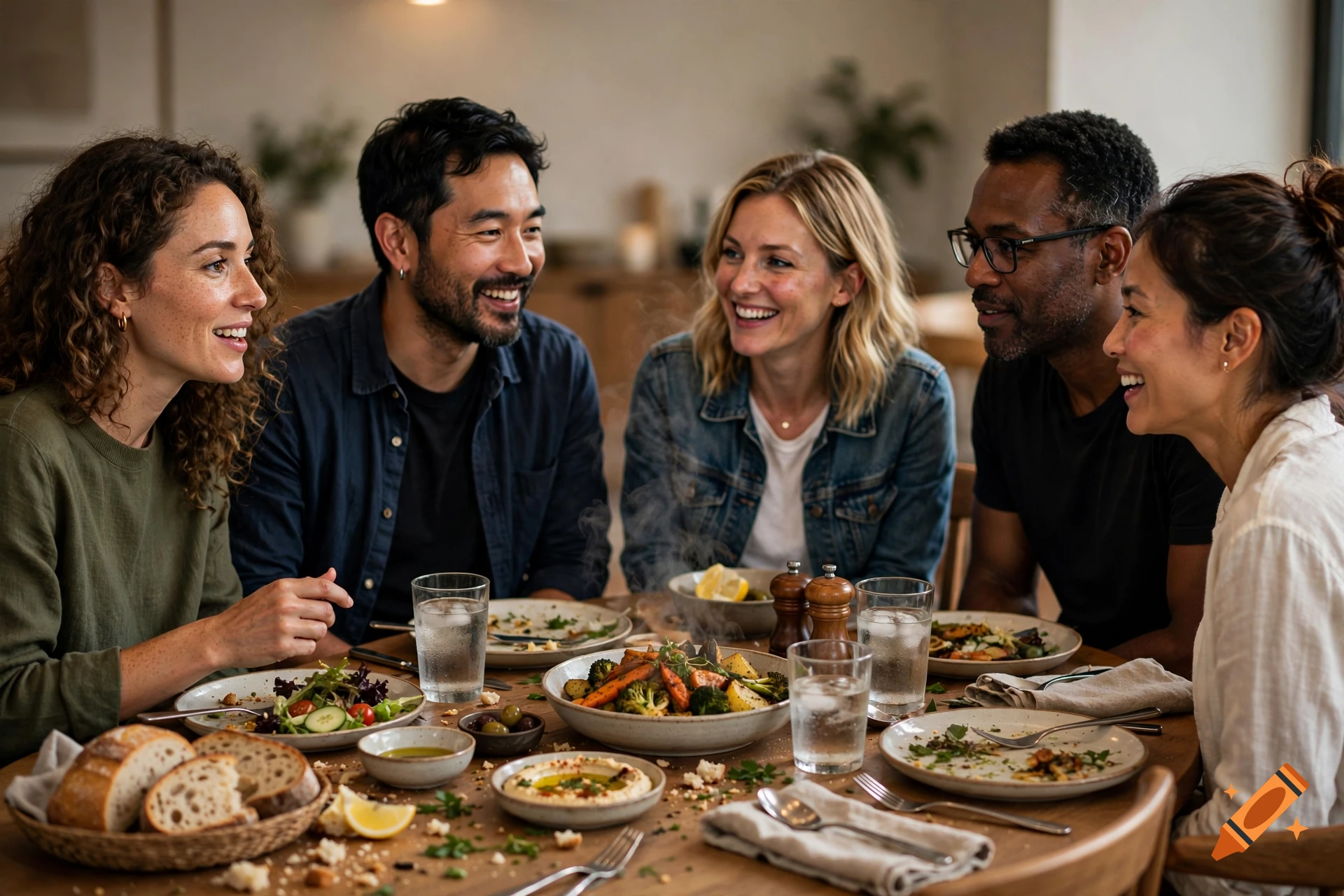 Photorealistic image of a diverse group of five friends smiling and talking while dining together at a wooden table filled with food.