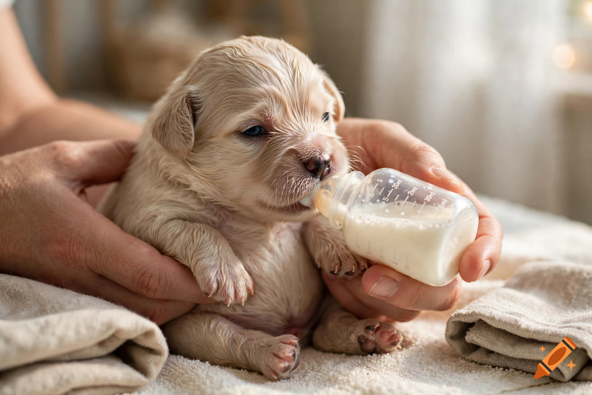 A tiny, fluffy cream-colored puppy being bottle-fed by a person.