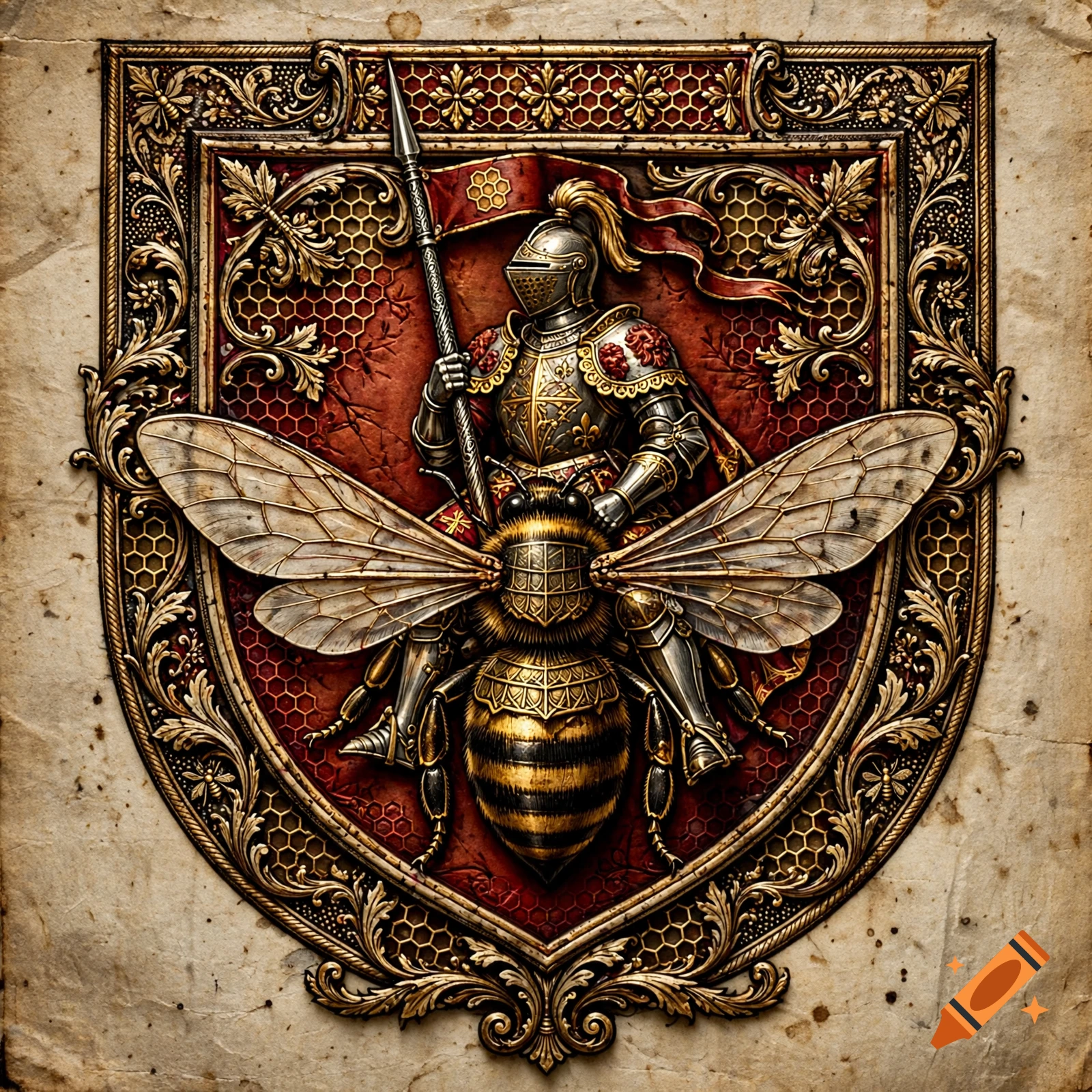 Medieval heraldic sigil with an ornate border depicting a knight in shining armor riding a large honeybee.