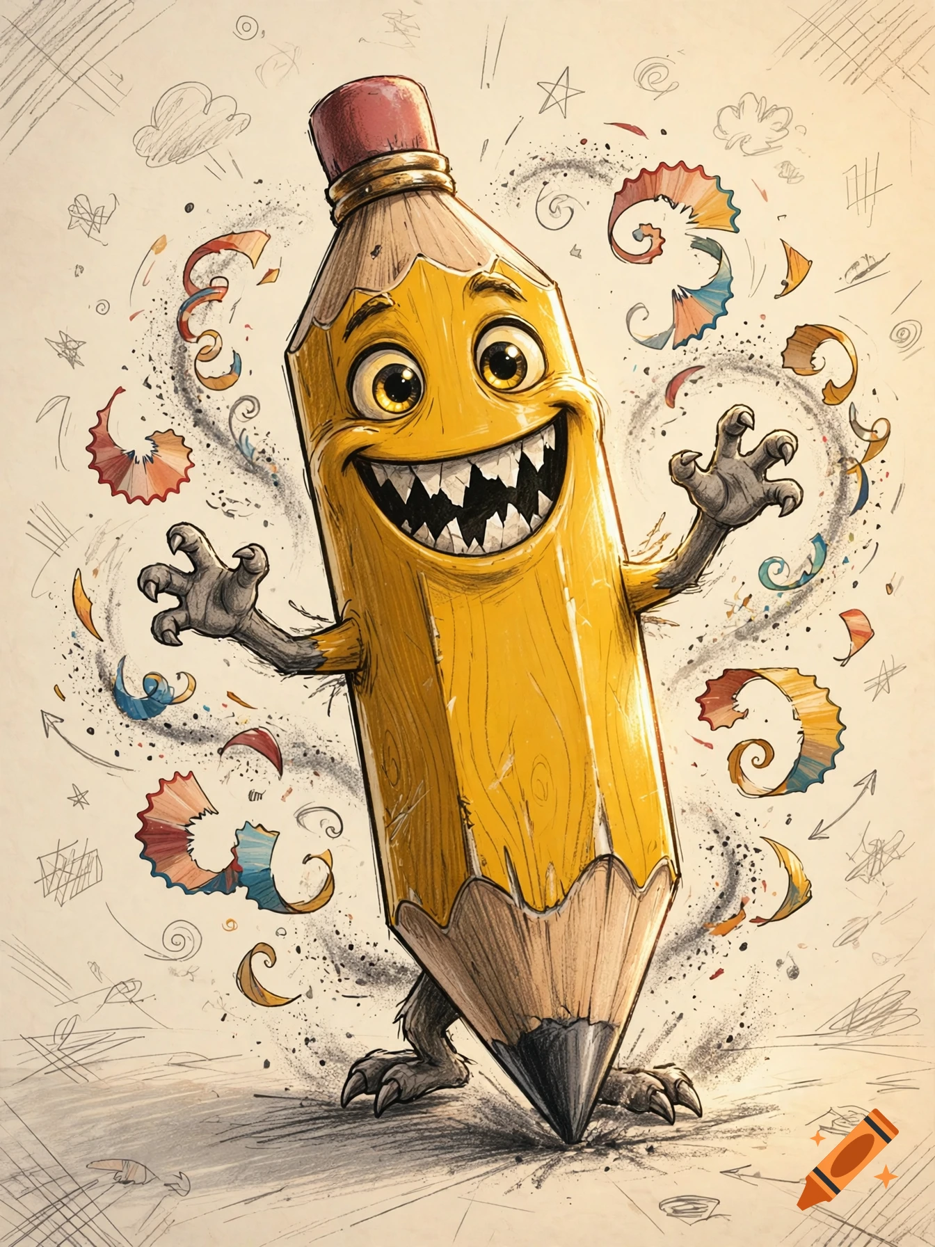 Illustration of a whimsical, grinning yellow pencil monster with arms, legs, and sharp teeth surrounded by pencil shavings.