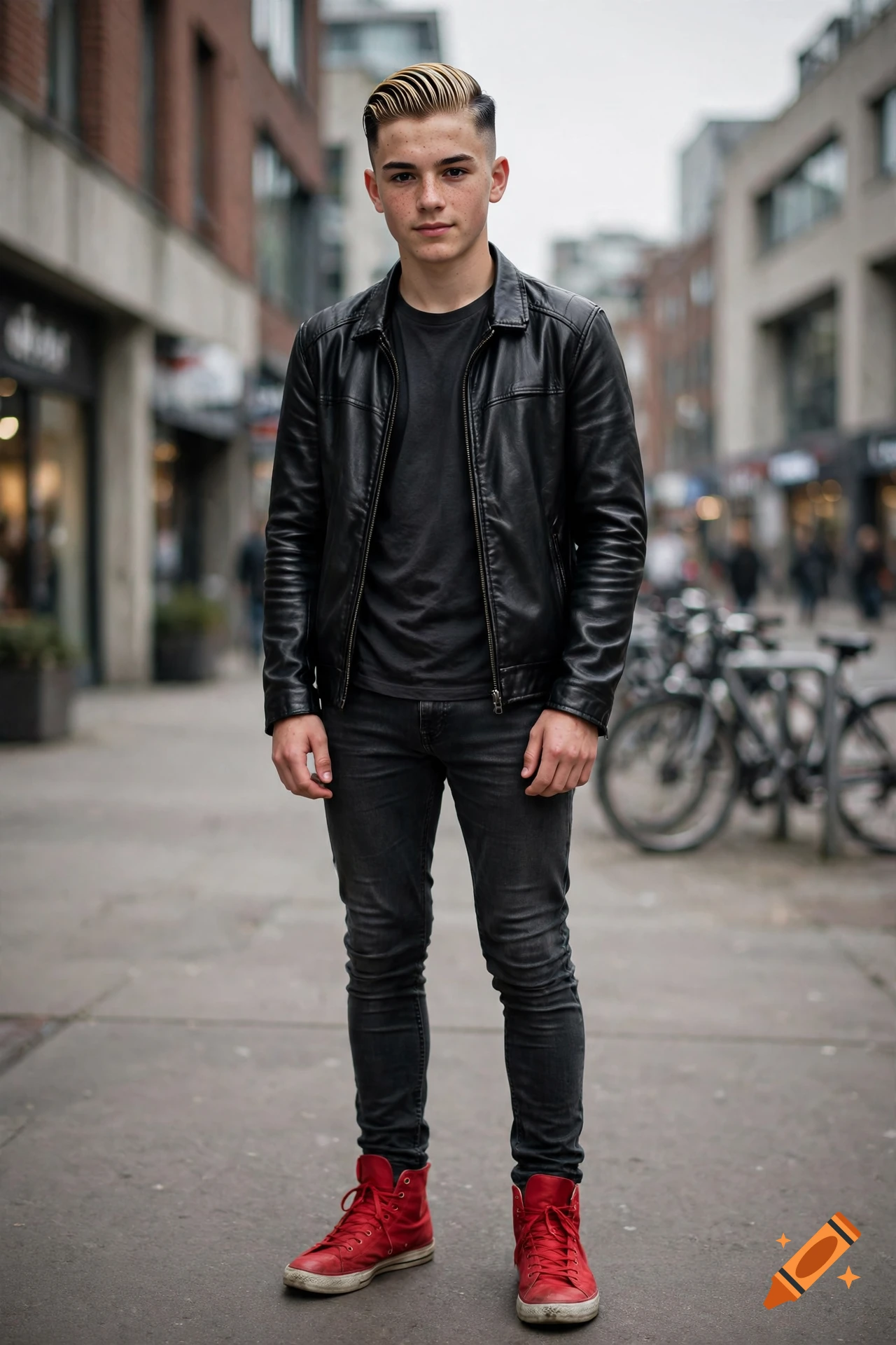 Full-length photorealistic portrait of a young man with a two-tone undercut hairstyle, wearing a black leather jacket, dark jeans, and red high-top sneakers, standing on a city street.