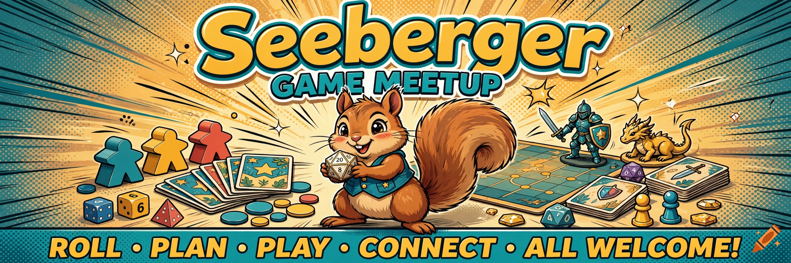 A cartoon illustration of a cheerful squirrel holding a twenty-sided die, surrounded by board game pieces, cards, and dice, with the title Seeberger Game Meetup above.