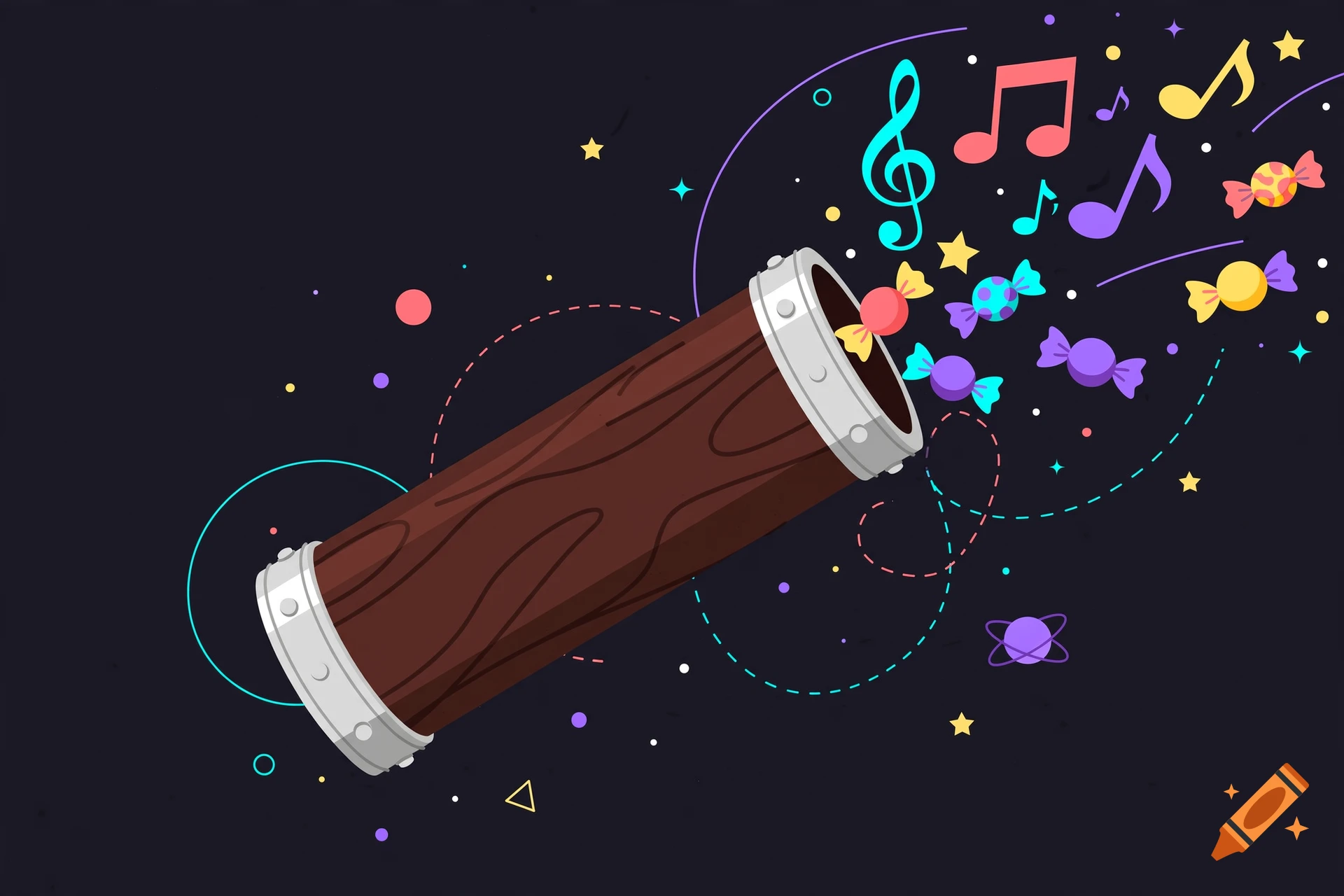 A cartoon telescope releasing musical notes and colorful candies against a dark starry sky.