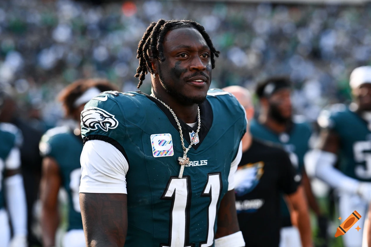 A football player wearing a dark green jersey with the number 11 and an Eagles logo stands on the field.