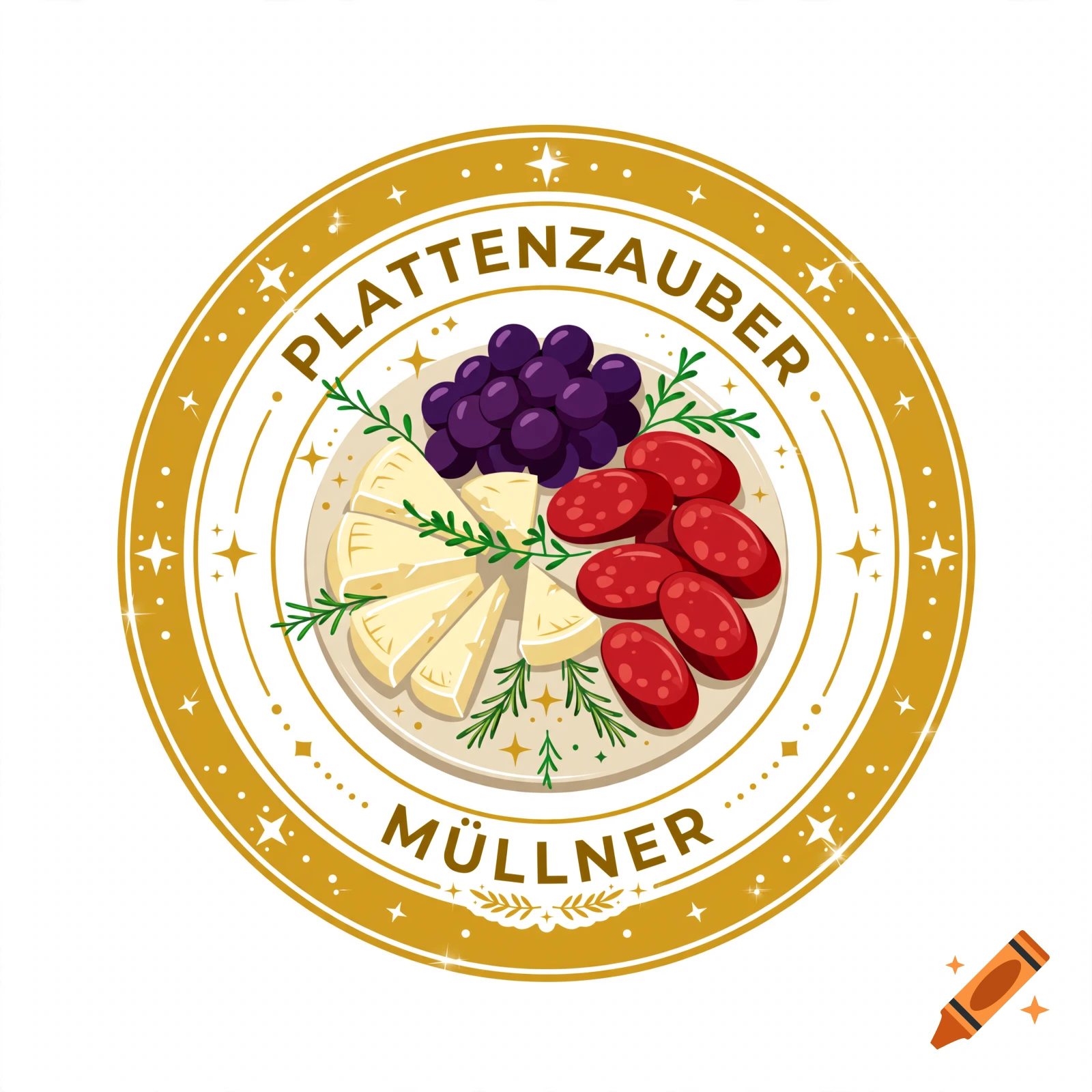 Round gold logo for catering business Plattenzauber Müllner featuring a platter with cheese, grapes, and sausage.