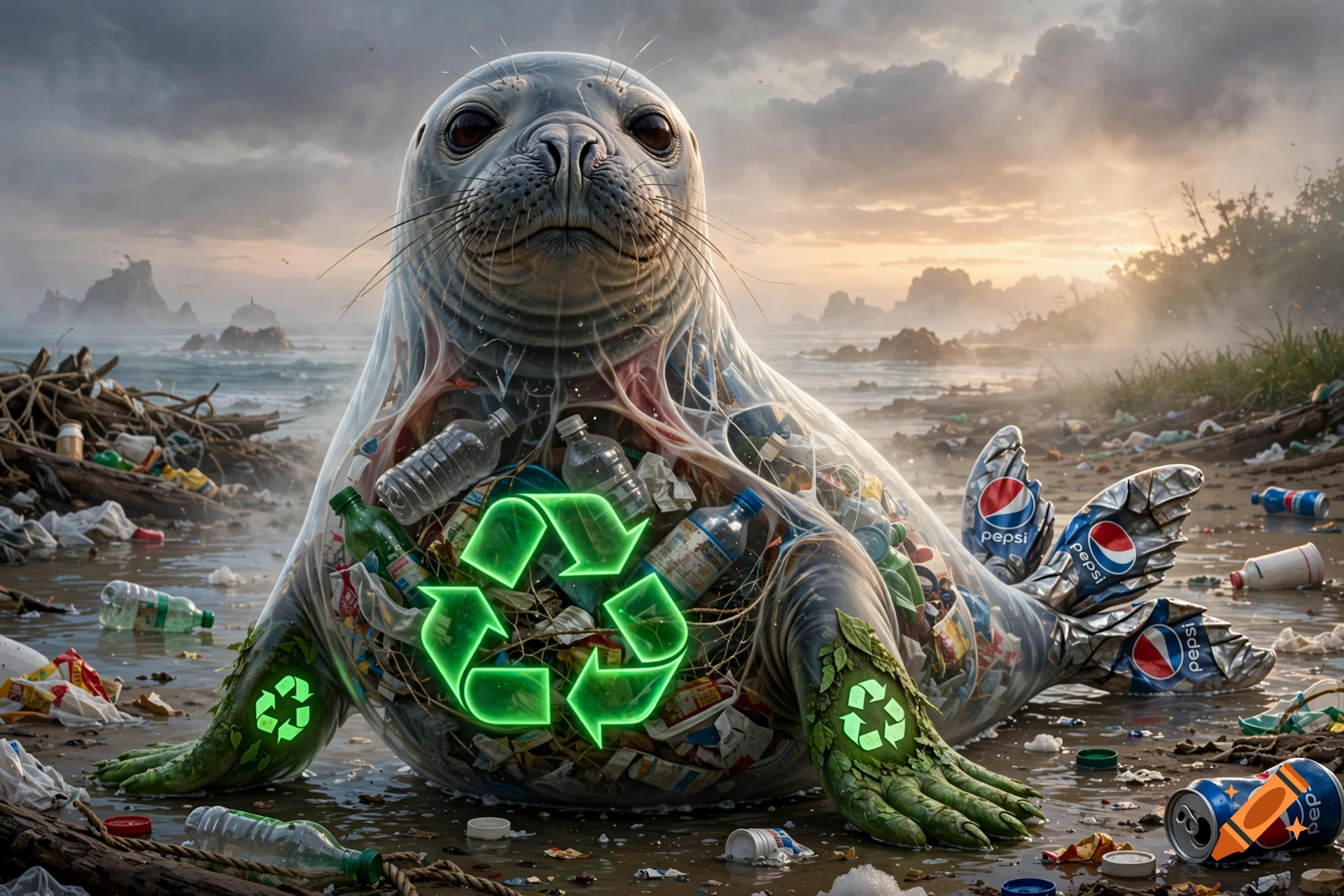 Photorealistic image of a Hawaiian monk seal filled with plastic trash, a glowing recycling symbol on its belly, and Pepsi cans for flippers.