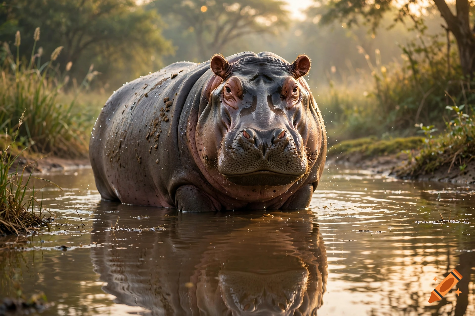 Photorealistic image of a hippopotamus standing in shallow water in a grassy African landscape at sunrise.