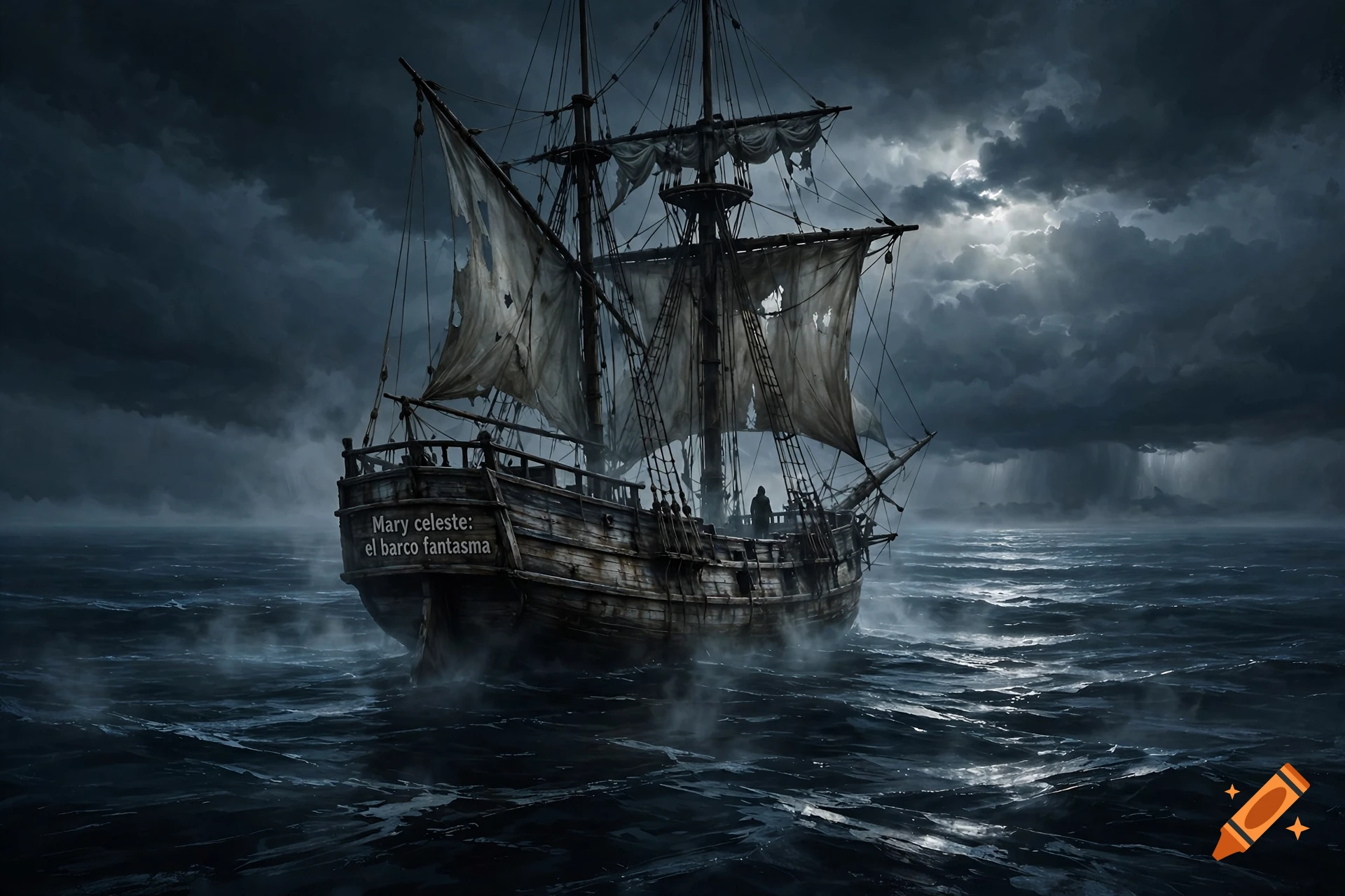 An old, ghostly sailing ship on a dark, stormy ocean under a cloudy moonlit sky.