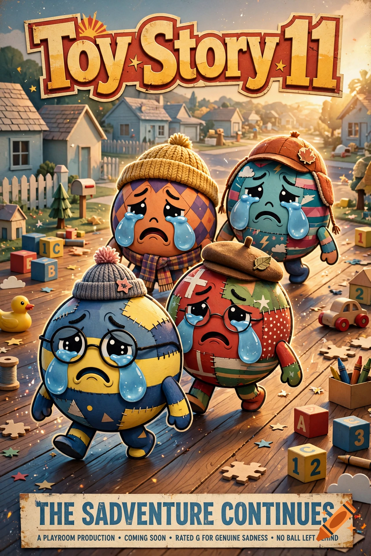 Movie poster parody featuring four sad, crying countryball characters walking on a wooden deck in a suburban neighborhood.
