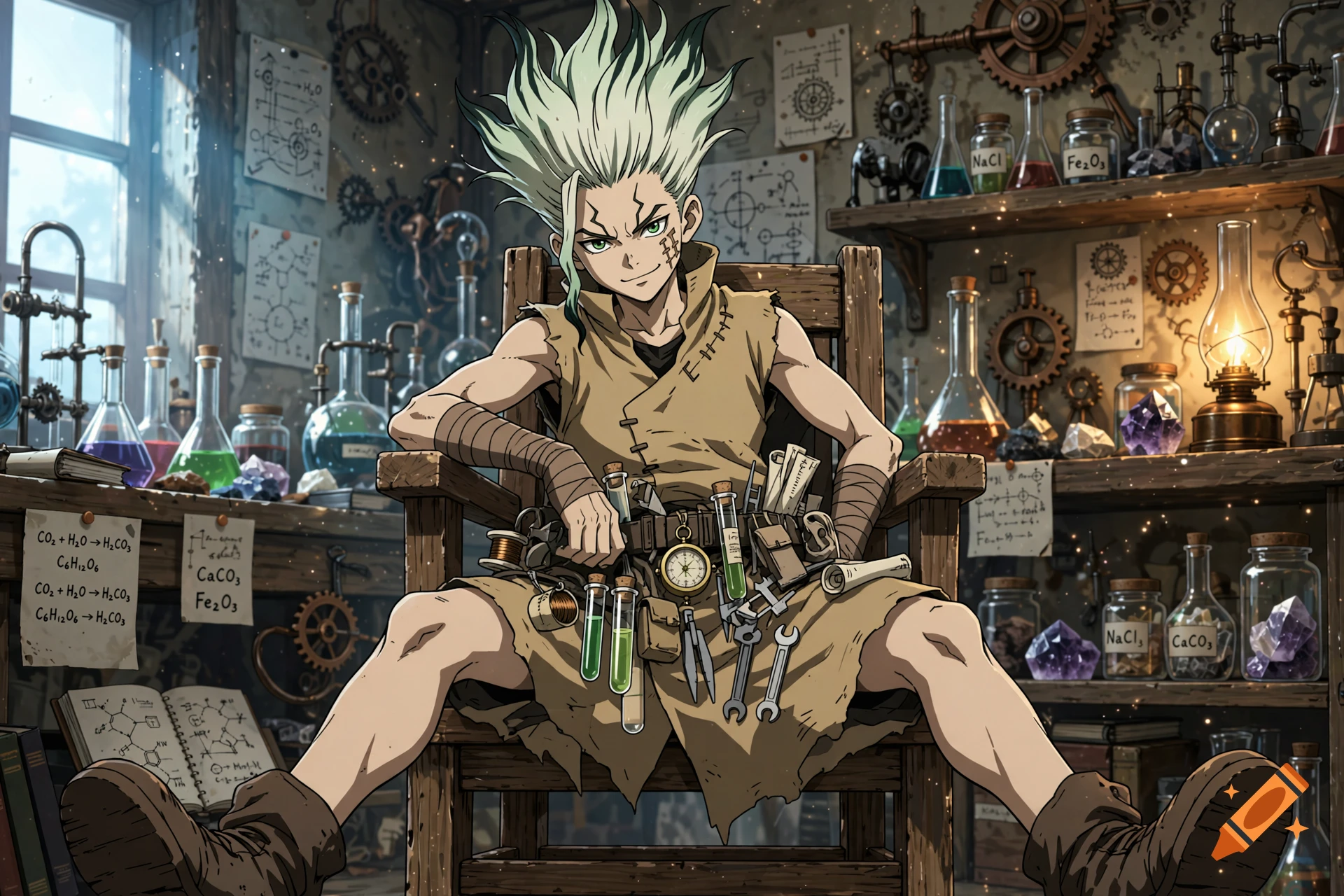 Ishigami Senku from Dr. Stone sitting in a wooden chair inside a cluttered laboratory with scientific equipment and chemical formulas.