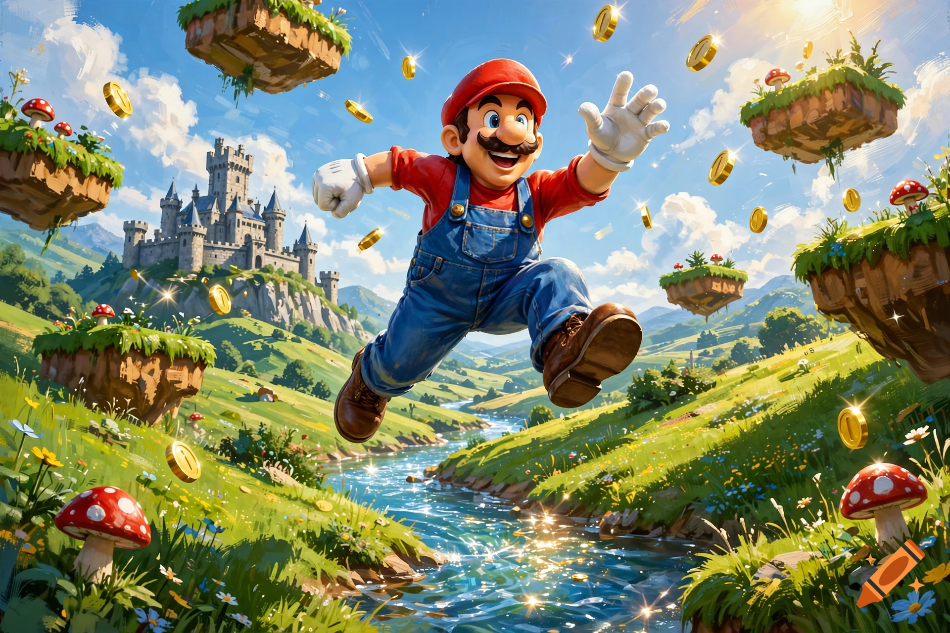 Super Mario jumping through a vibrant, coin-filled fantasy landscape with floating islands and a castle, digital art style.