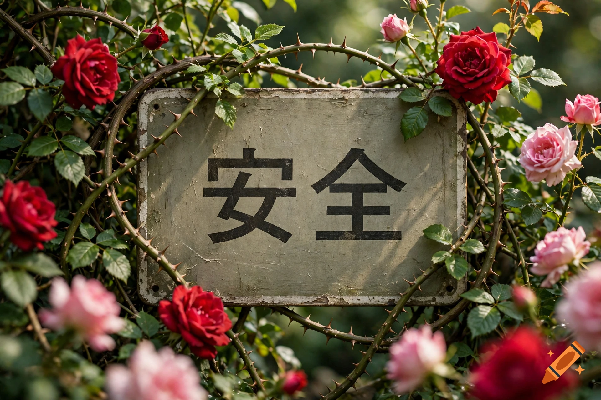 An aged metal sign with Japanese kanji characters meaning safe, surrounded by thorny rose branches with red and pink roses.