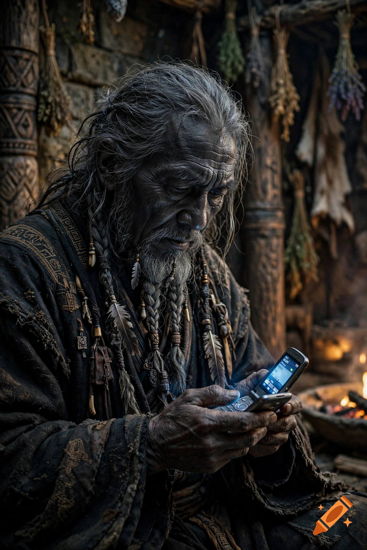 An elderly man with weathered skin, long grey hair, and a braided beard wearing textured robes, sitting indoors and looking at a flip phone in his hands.