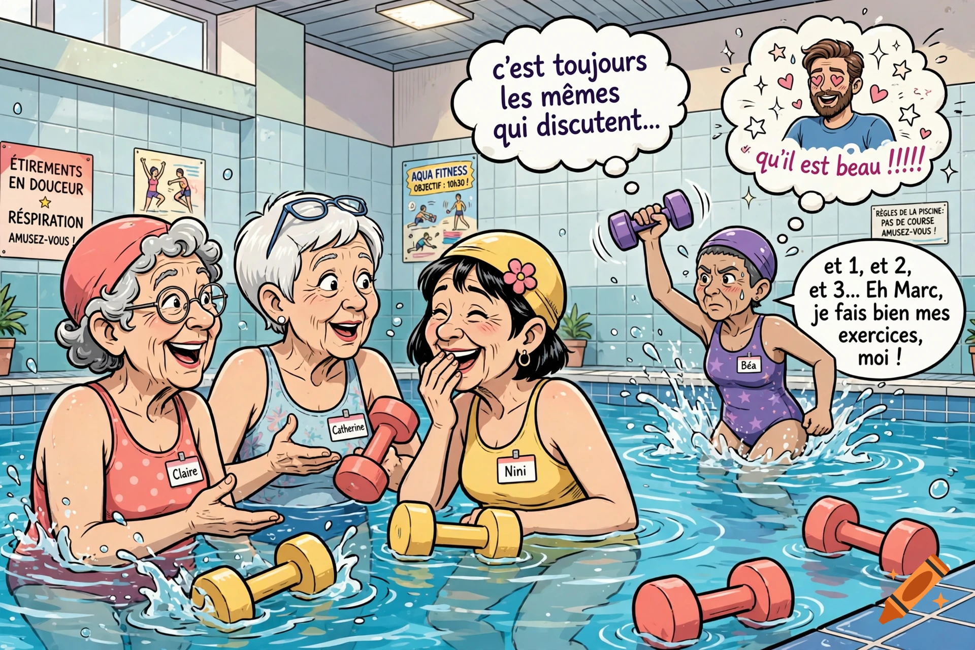 Comic style illustration of elderly women doing aquagym in a pool while talking and thinking.