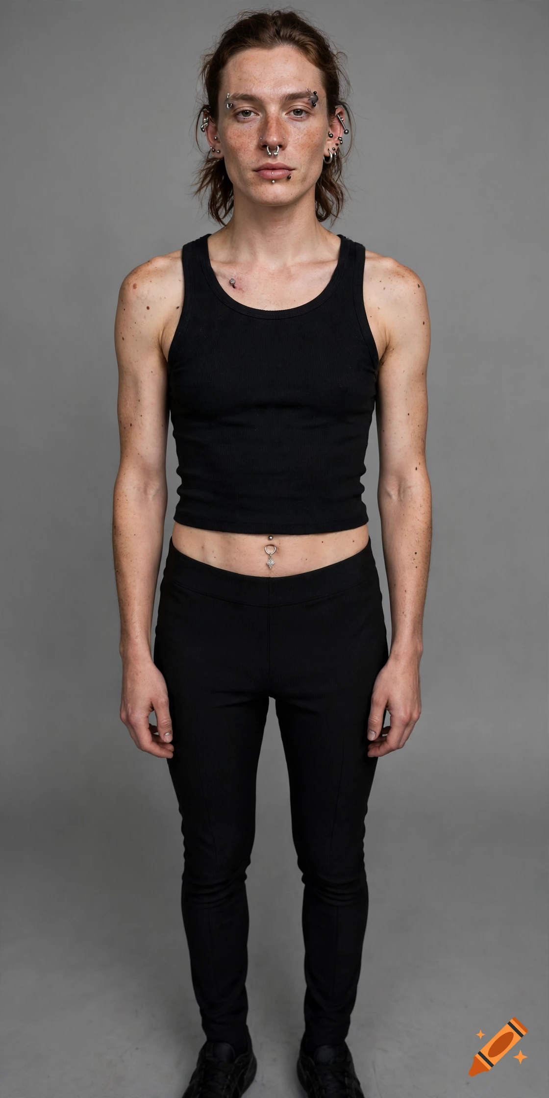 Photorealistic full-body portrait of a person with numerous facial and body piercings, wearing a black tank top and pants against a grey background.