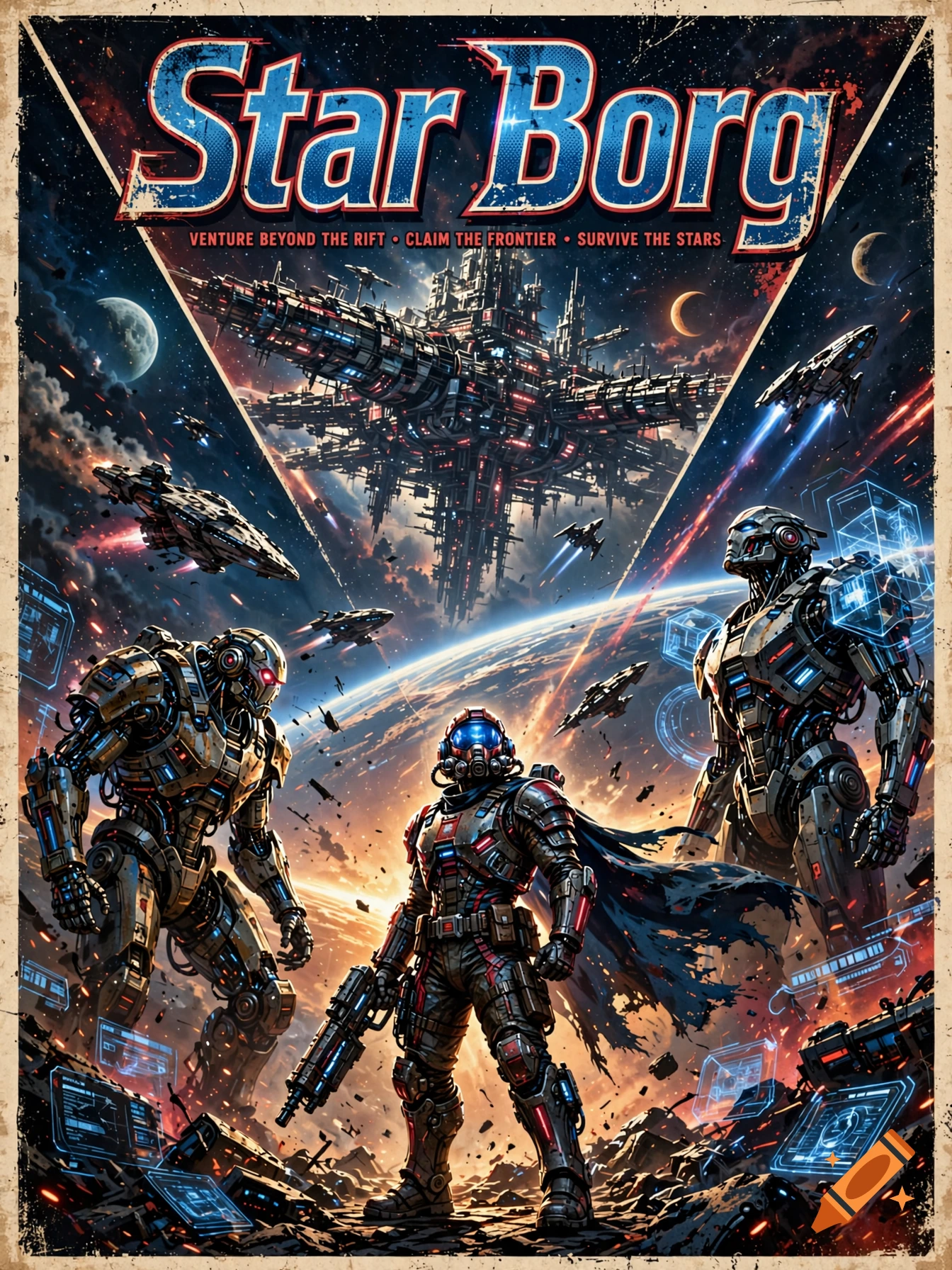 Retro sci-fi poster titled Star Borg featuring cyborgs, a space station, and starships in a cosmic battle.