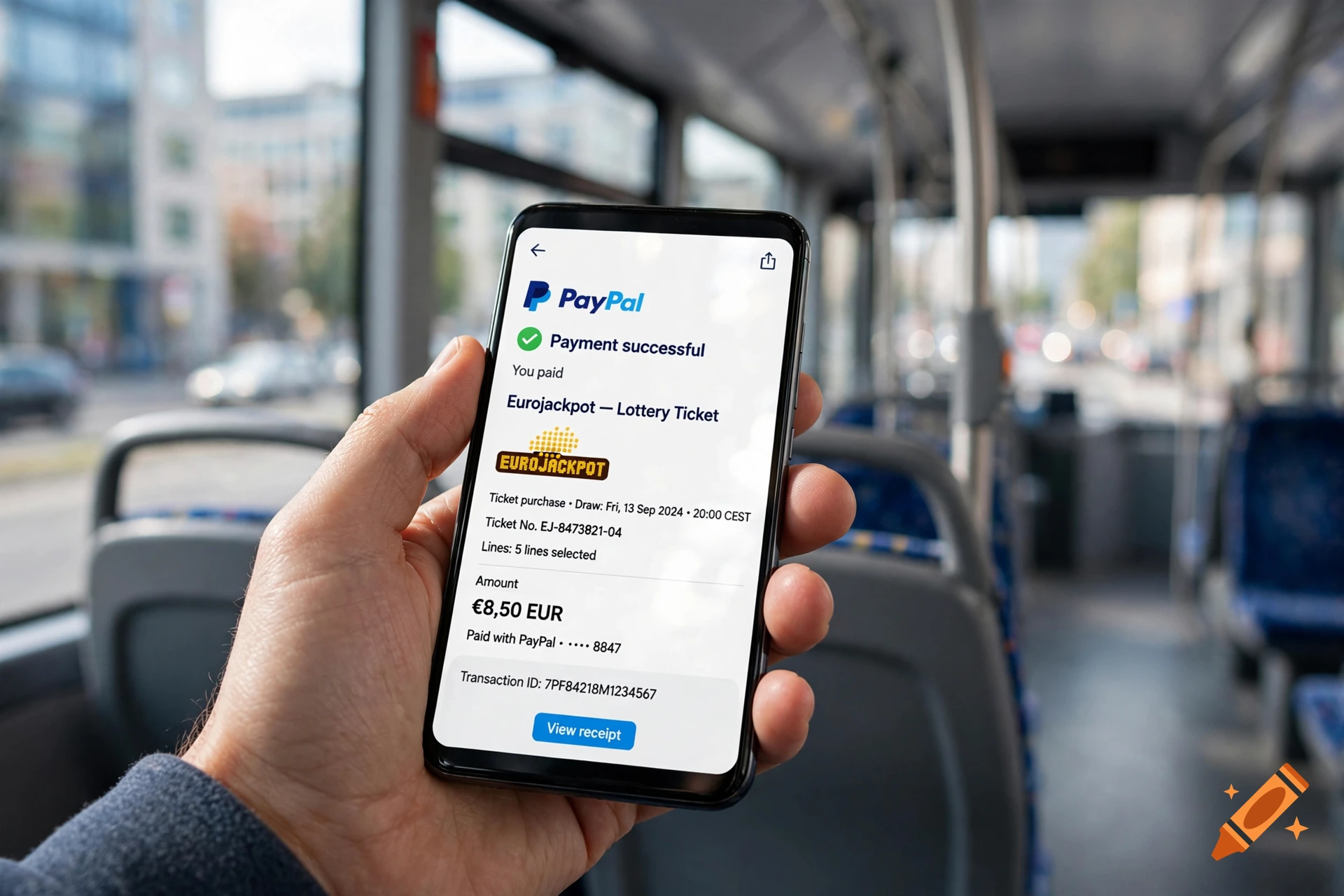 Close-up of a person holding a smartphone showing a successful PayPal payment on a city bus.