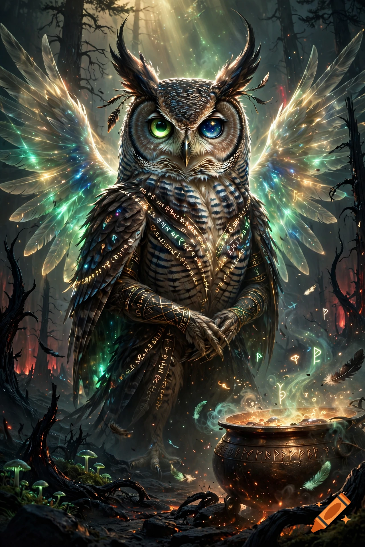 Detailed digital painting of a majestic owl with glowing wings and heterochromia eyes, standing in a dark forest next to a glowing cauldron with runes.
