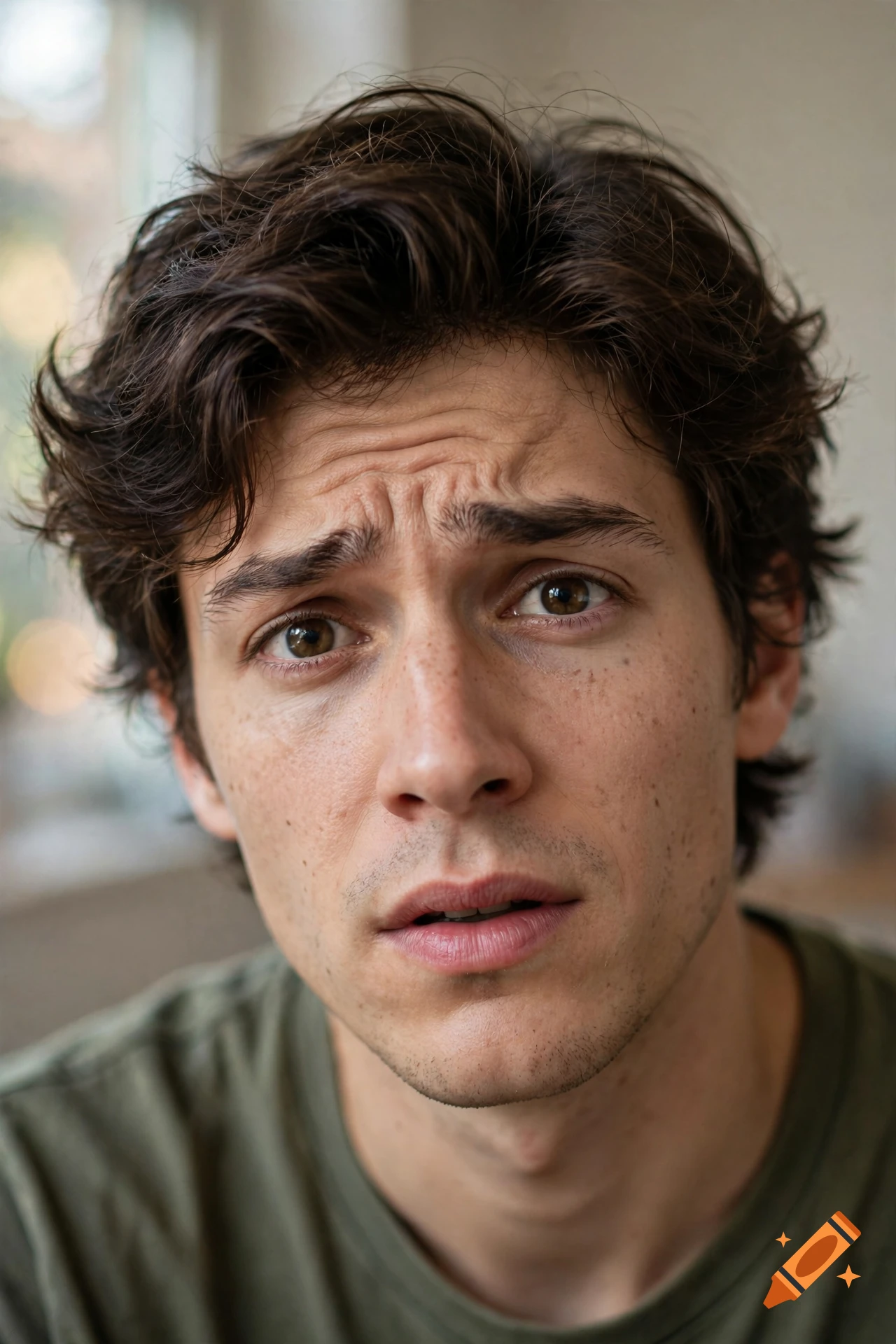 Close-up portrait of a young man with dark wavy hair and a concerned or puzzled expression.
