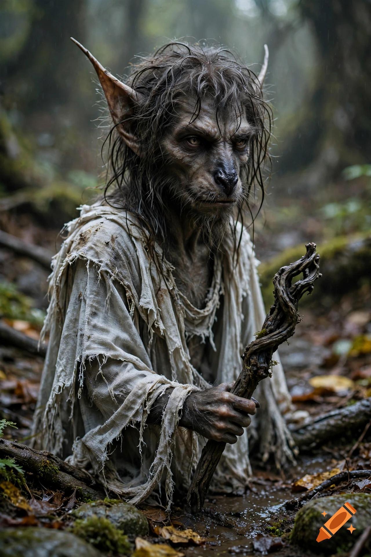 Photorealistic medium shot of a creepy demihuman sorcerer with elf ears, an animalistic snout, and white rags, holding a gnarled wooden scepter in a forest.