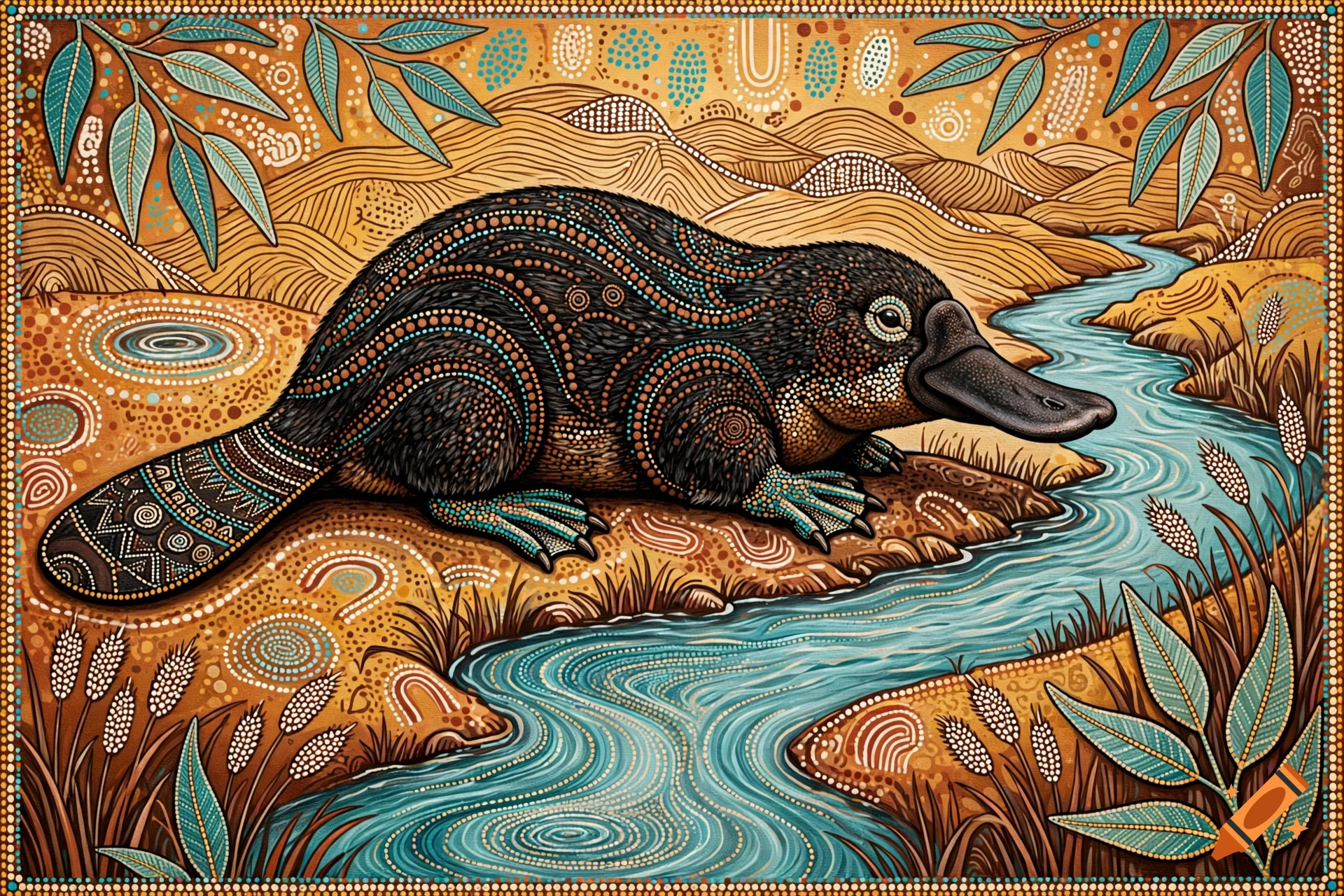 A platypus resting on a riverbank, depicted in traditional Australian Aboriginal dot painting style with earthy tones.
