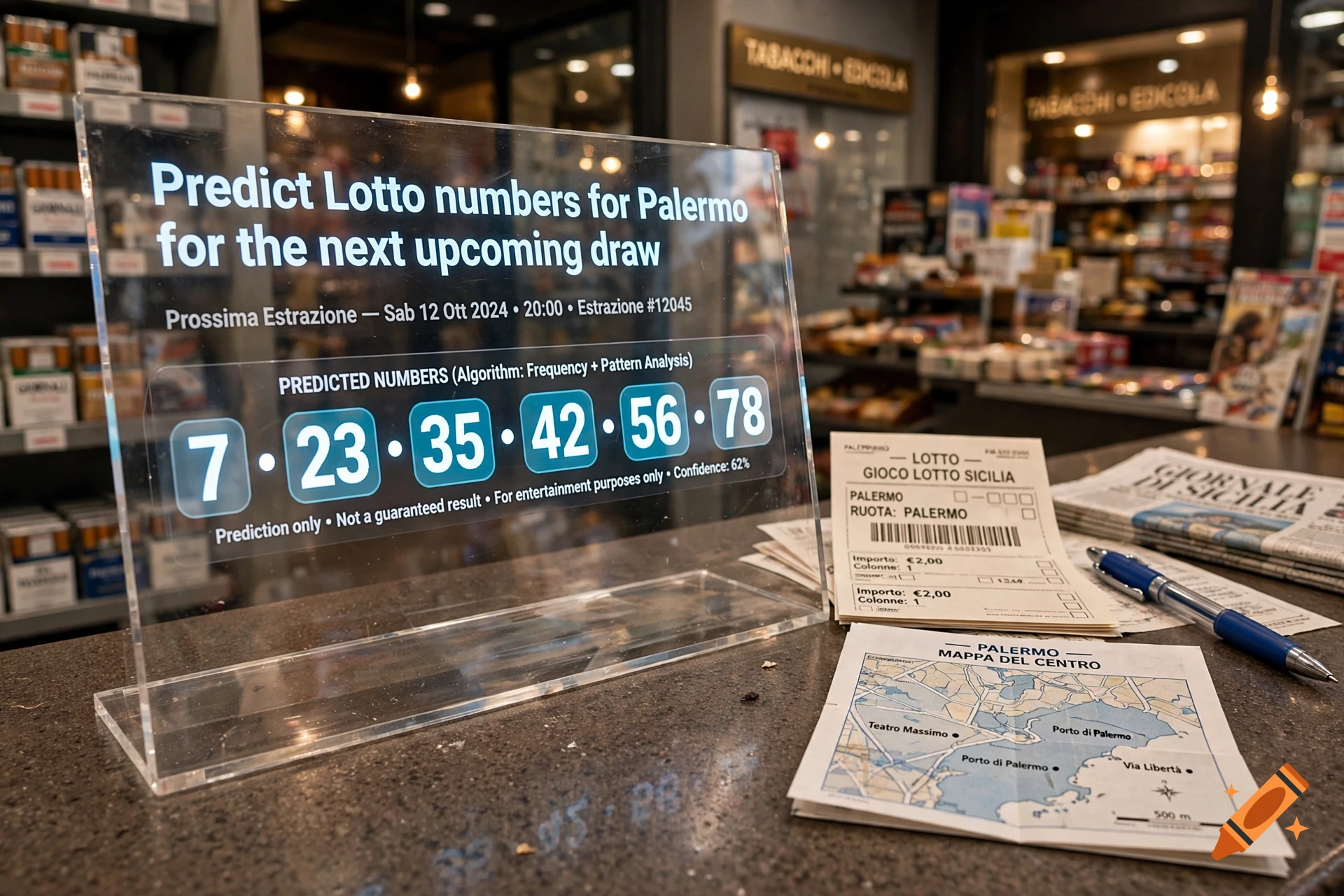 An acrylic sign on a counter displays predicted lotto numbers for Palermo, with lottery slips, a pen, and a map nearby inside a shop.