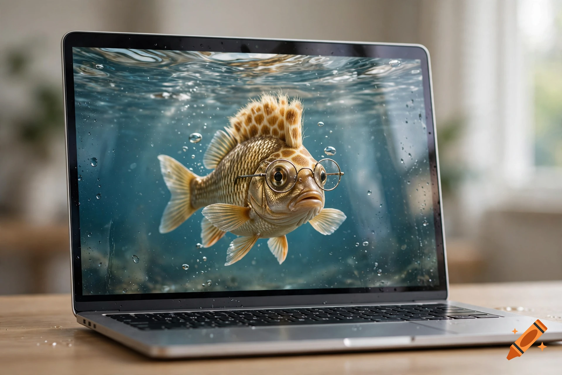 A photorealistic laptop displaying an underwater scene with a fish wearing glasses and blonde hair.