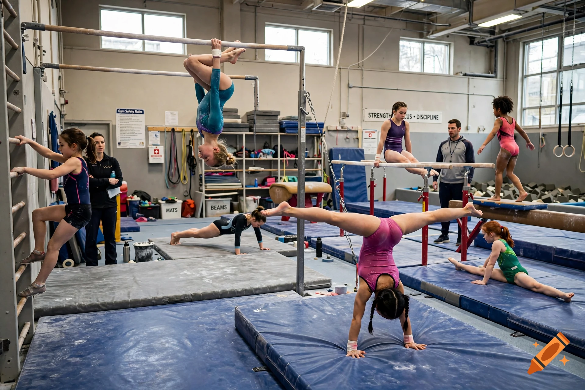 Young female gymnasts practicing various exercises inside a well-equipped gymnasium, photorealistic.