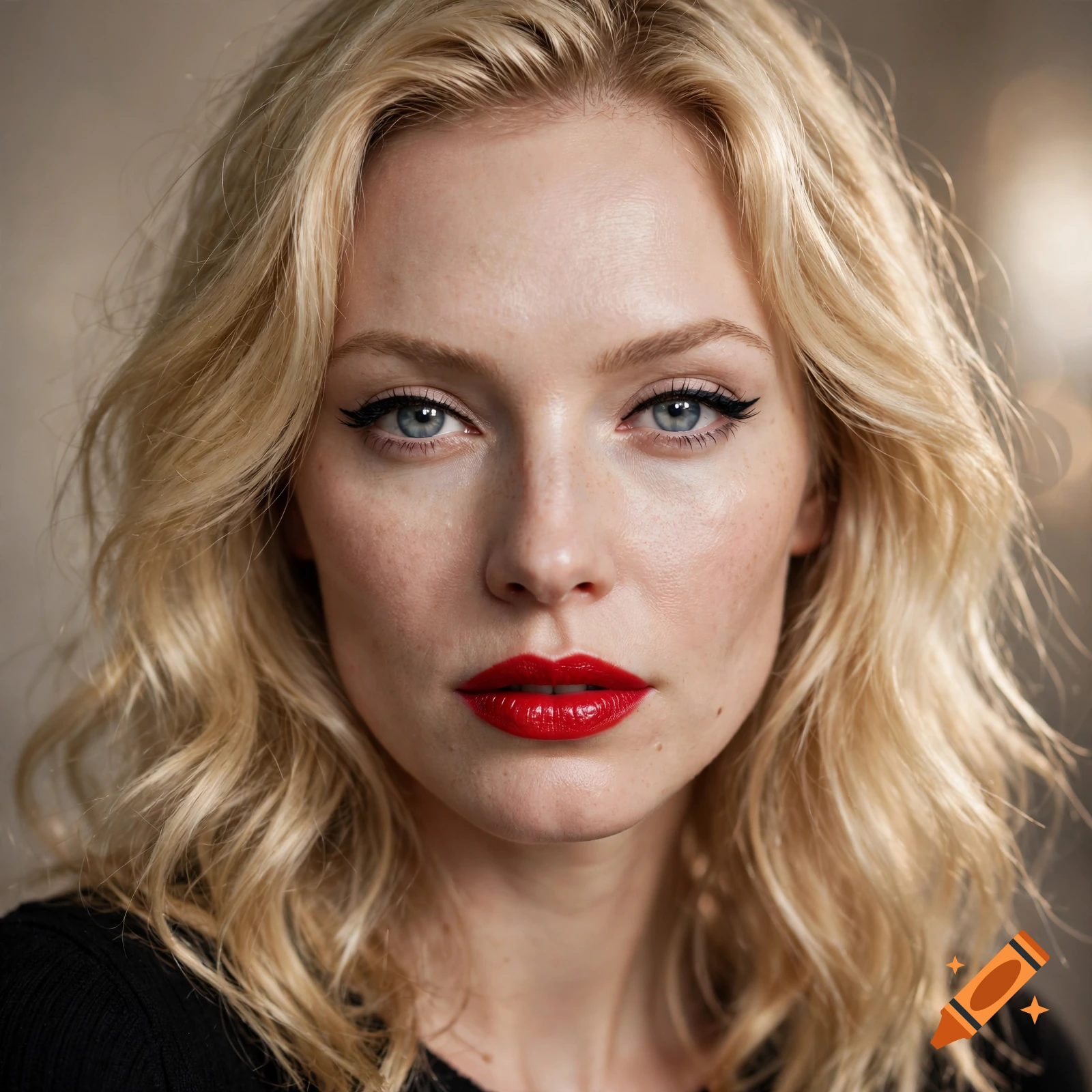 Close-up photorealistic portrait of a blonde woman with blue eyes, winged eyeliner, and glossy red lips.